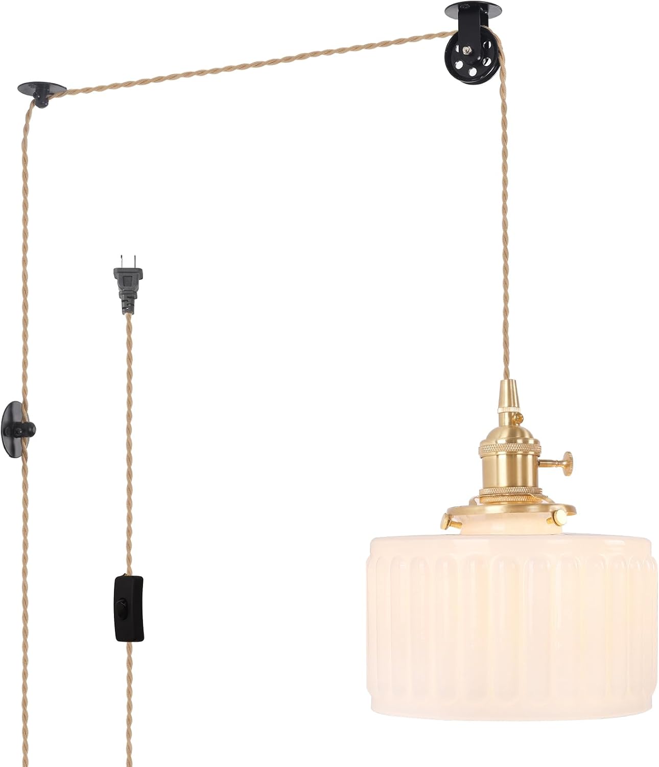 Shenmoyl Pendant Light 2 Pack with Clear Striped Glass Lmapshade, Brass Vintage Pendant Light Adjustable Hanging Light for Kitchen Island Dining Room Hallway