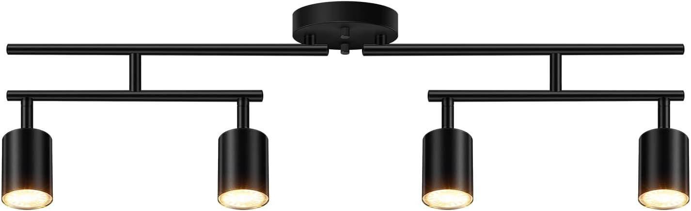 4 Light Track Lighting Kit Kitchen, Black Track Lighting Fixtures Ceiling, 4 Way Modern Flexible Spot Track Lighting, Industrial LED Lights for Room Hallway Bedroom(GU10 Socket, Bulb Not Included)