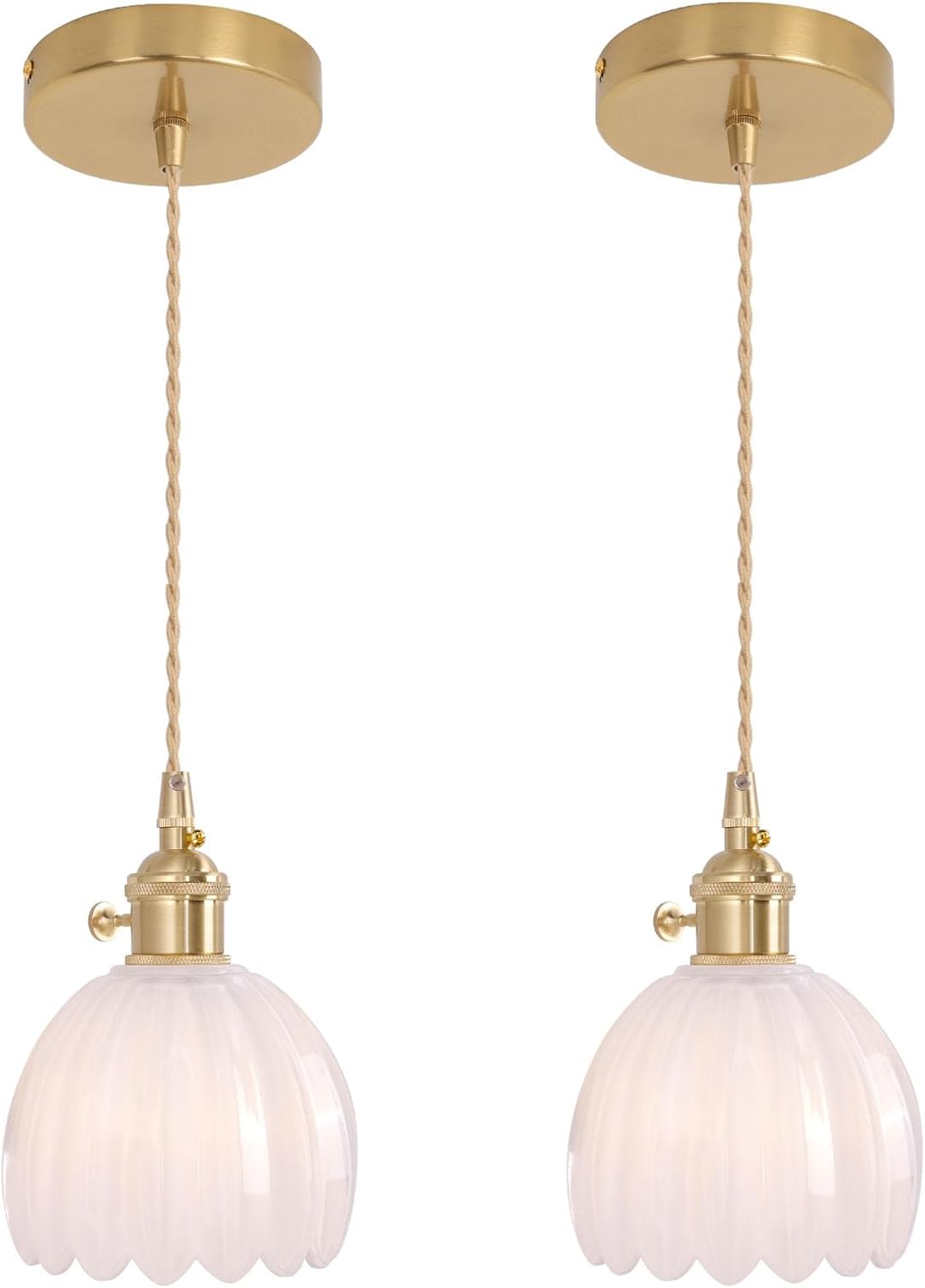 Shenmoyl Pendant Light 2 Pack with Clear Striped Glass Lmapshade, Brass Vintage Pendant Light Adjustable Hanging Light for Kitchen Island Dining Room Hallway