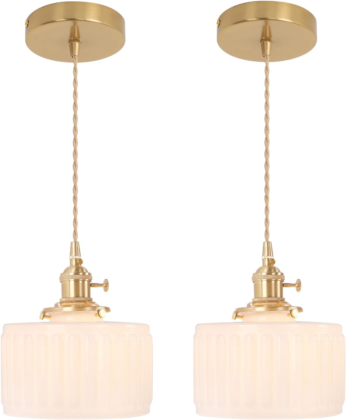 Shenmoyl Pendant Light 2 Pack with Clear Striped Glass Lmapshade, Brass Vintage Pendant Light Adjustable Hanging Light for Kitchen Island Dining Room Hallway