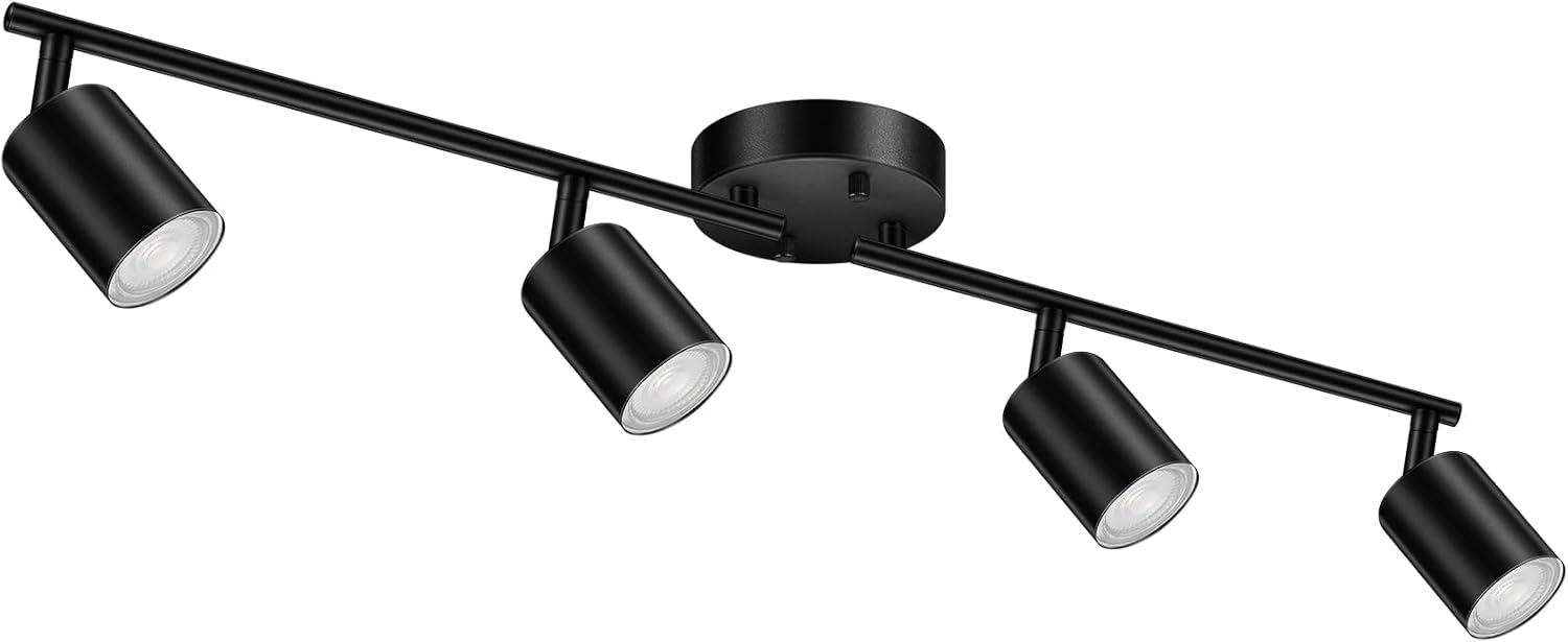 4 Light Track Lighting Kit Kitchen, Black Track Lighting Fixtures Ceiling, 4 Way Modern Flexible Spot Track Lighting, Industrial LED Lights for Room Hallway Bedroom(GU10 Socket, Bulb Not Included)