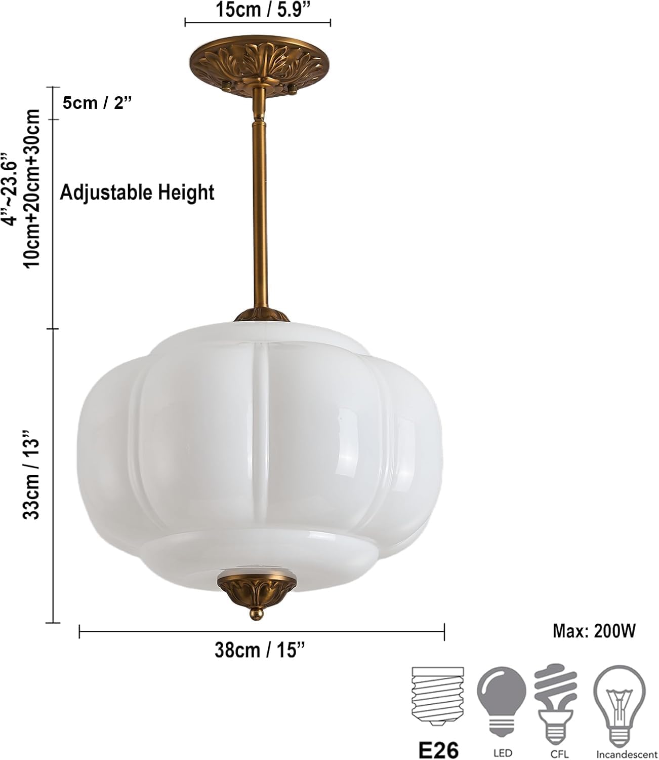 Glazart Luxa Milk Glass Ceiling Light Fixture, 15" Vintage Semi Flush Mount Pendant Light with Antique Brass Finish, Schoolhouse Light Fixture - Antique Chandelier for Kitchen, Hallway, Dining Room