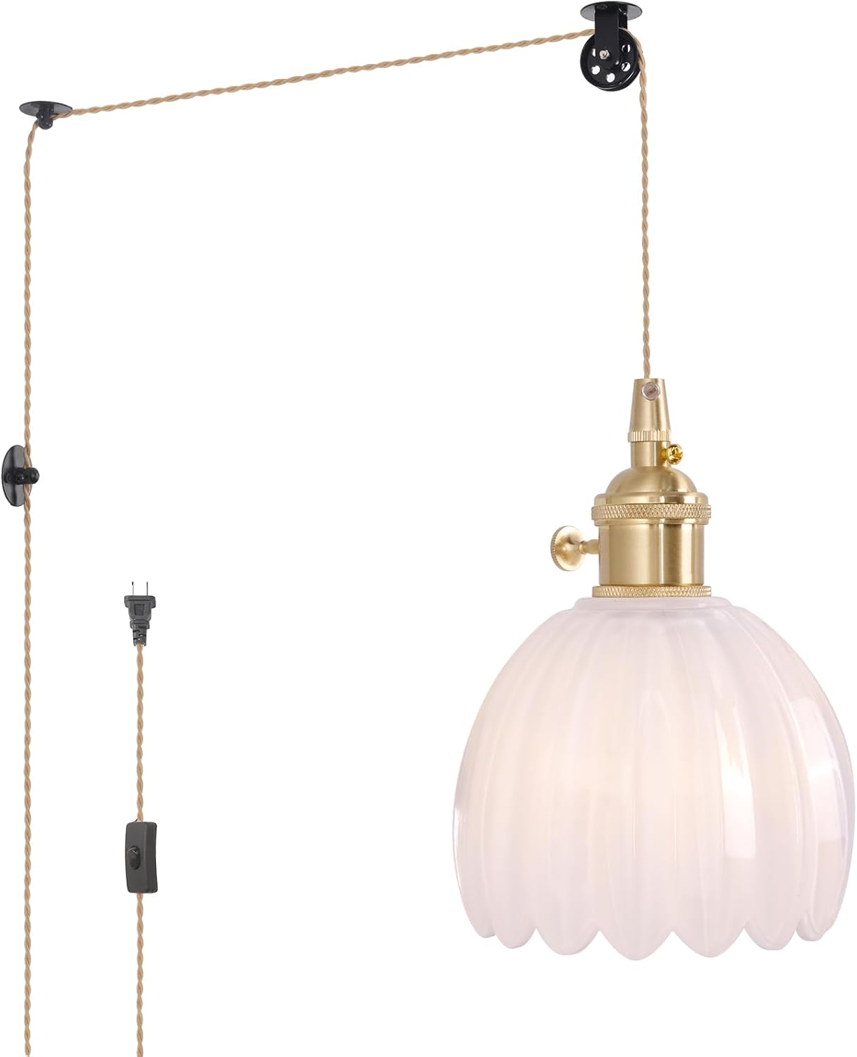 Shenmoyl Pendant Light 2 Pack with Clear Striped Glass Lmapshade, Brass Vintage Pendant Light Adjustable Hanging Light for Kitchen Island Dining Room Hallway