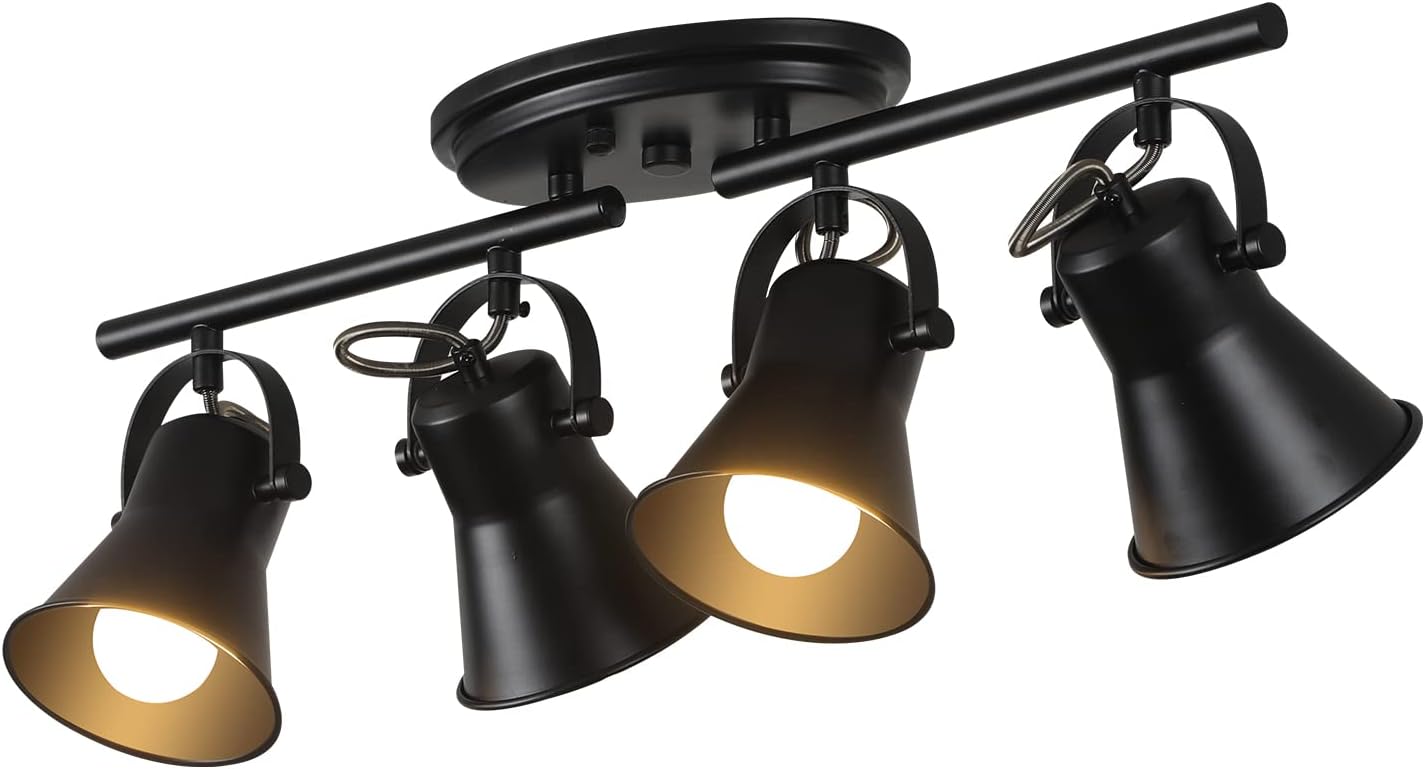 SEEBLEN 4-Light Track Lighting Kit, Directional Ceiling Light, Industrial Black Kitchen Track Lighting Fixtures Ceiling for Kitchen, Living Room, Dining Room, Hallway.