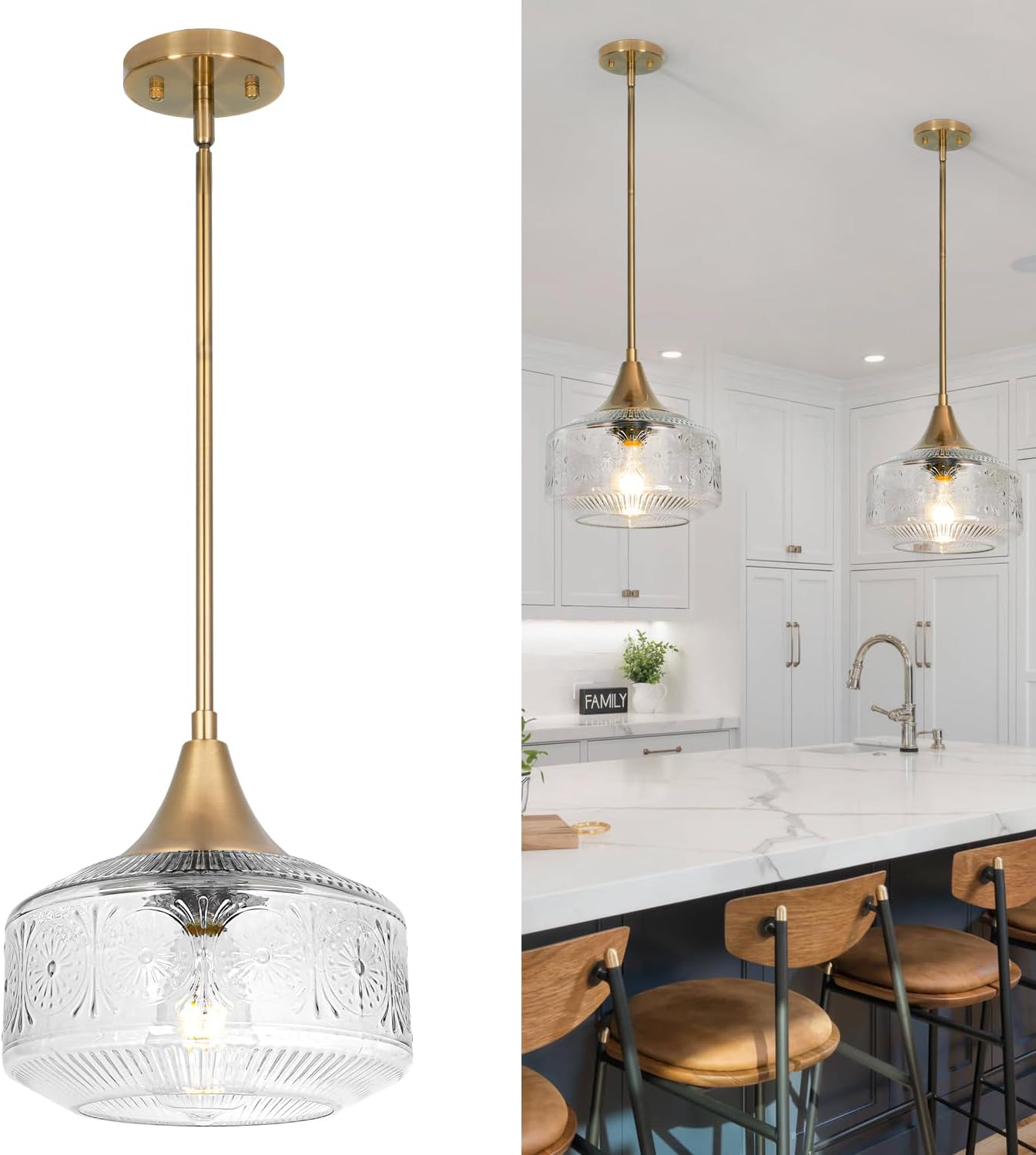 9'' Antique Gold Pendant Light with Clear Glass, Vintage Adjustable Pendant Lights Kitchen Island Brushed Pendant Lights Convertible Ceiling Mount Or Hanging Fixture for Hallway Bathroom,Brown Bronze