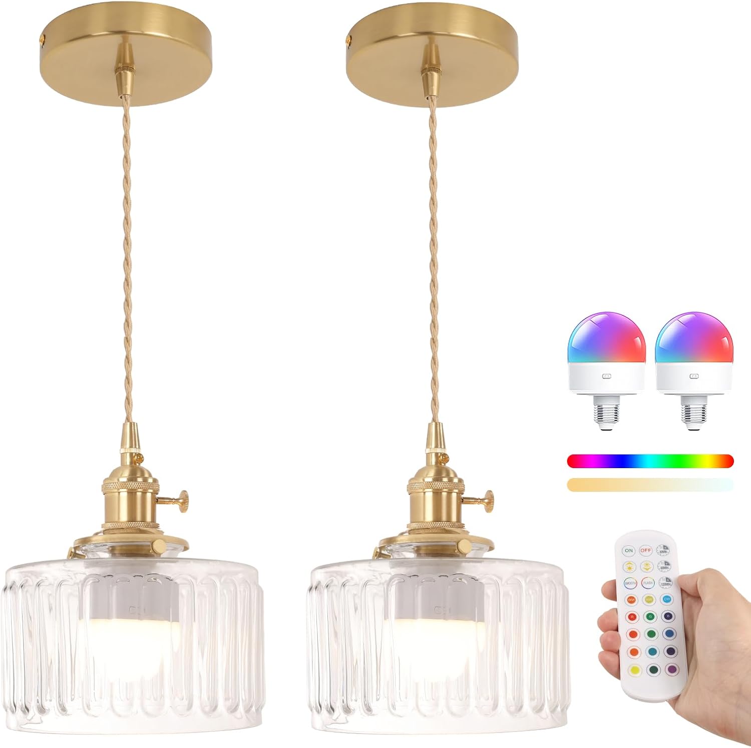 Shenmoyl Pendant Light 2 Pack with Clear Striped Glass Lmapshade, Brass Vintage Pendant Light Adjustable Hanging Light for Kitchen Island Dining Room Hallway