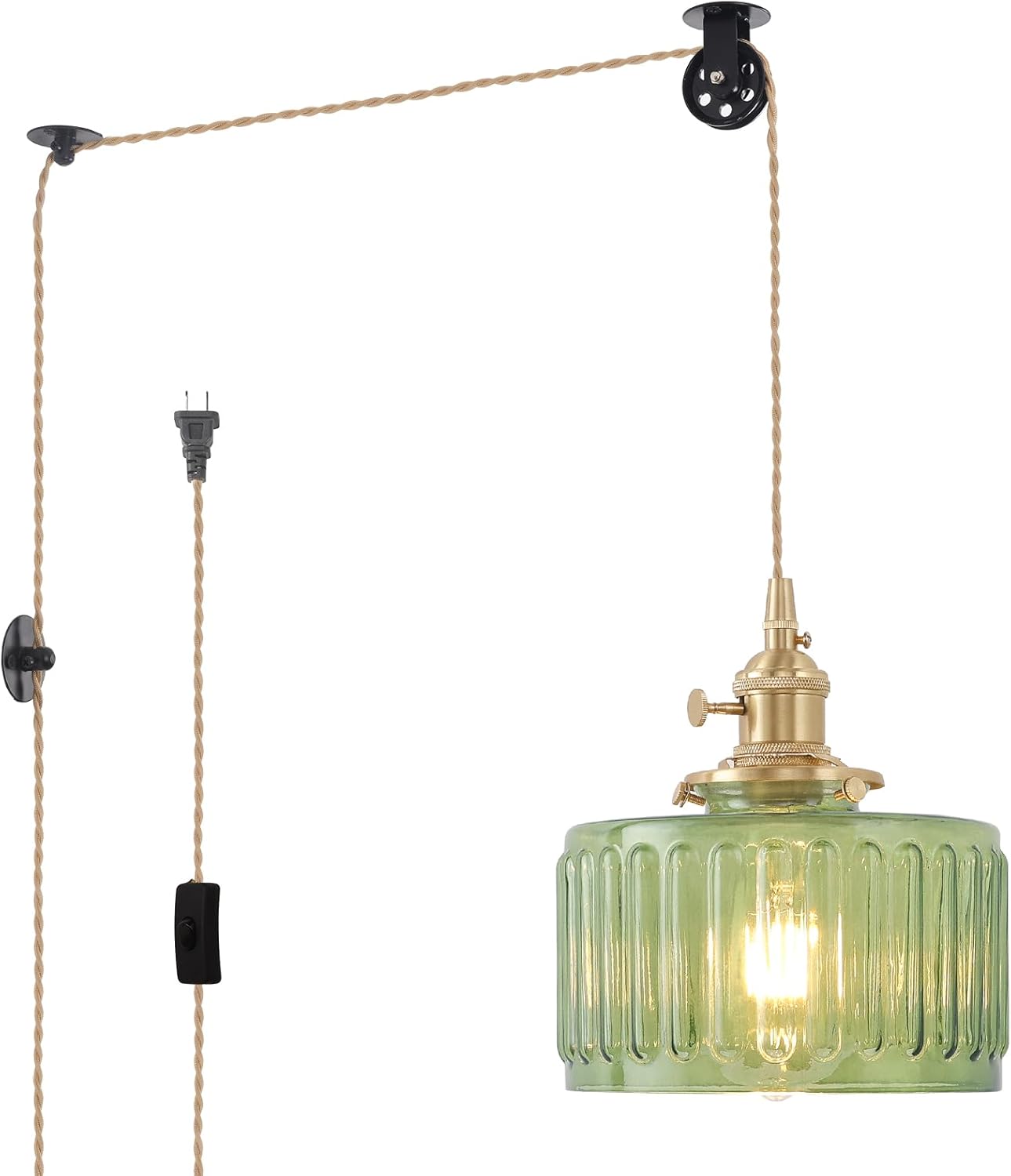 Shenmoyl Pendant Light 2 Pack with Clear Striped Glass Lmapshade, Brass Vintage Pendant Light Adjustable Hanging Light for Kitchen Island Dining Room Hallway