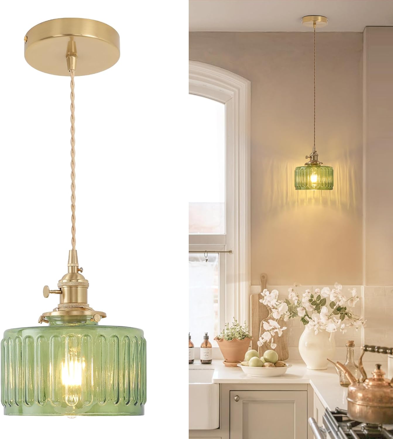 Shenmoyl Pendant Light 2 Pack with Clear Striped Glass Lmapshade, Brass Vintage Pendant Light Adjustable Hanging Light for Kitchen Island Dining Room Hallway