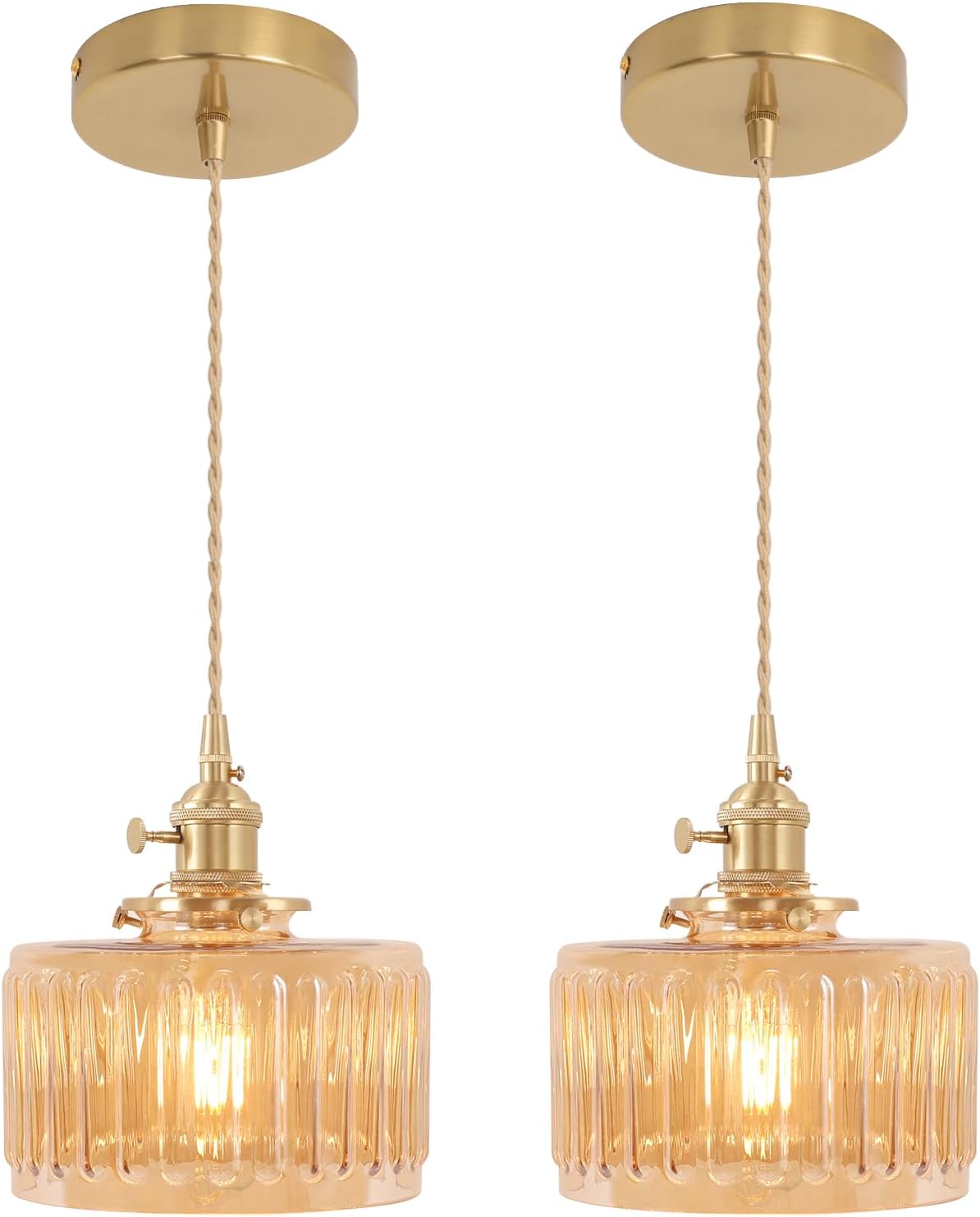 Shenmoyl Pendant Light 2 Pack with Clear Striped Glass Lmapshade, Brass Vintage Pendant Light Adjustable Hanging Light for Kitchen Island Dining Room Hallway