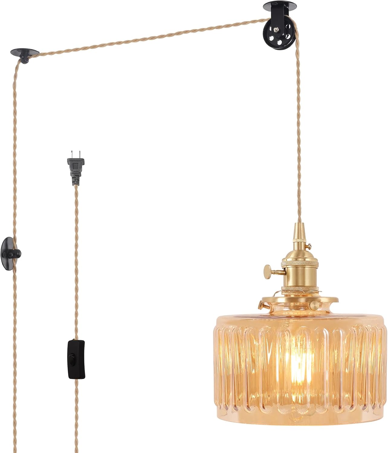 Shenmoyl Pendant Light 2 Pack with Clear Striped Glass Lmapshade, Brass Vintage Pendant Light Adjustable Hanging Light for Kitchen Island Dining Room Hallway
