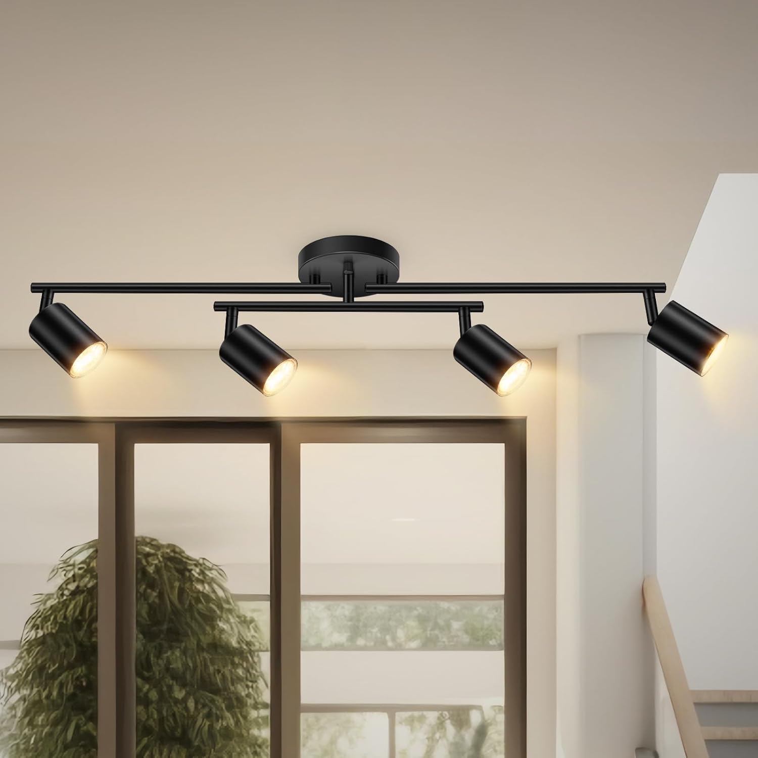 4 Light Track Lighting Kit Kitchen, Black Track Lighting Fixtures Ceiling, 4 Way Modern Flexible Spot Track Lighting, Industrial LED Lights for Room Hallway Bedroom(GU10 Socket, Bulb Not Included)