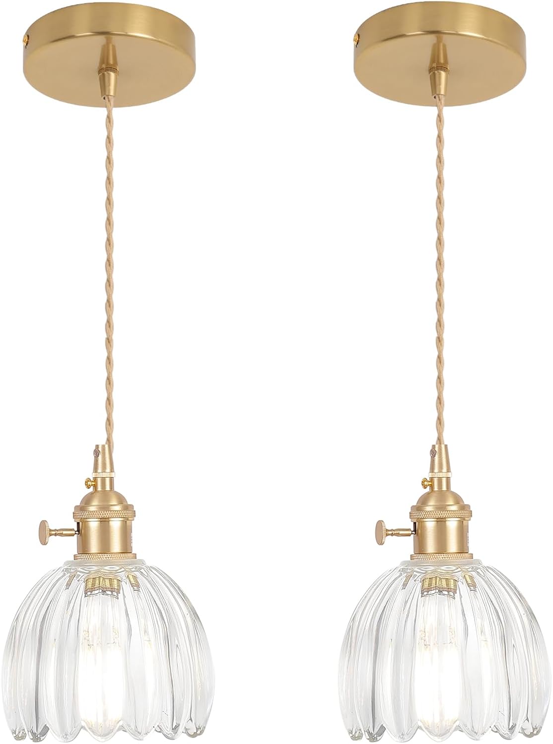 Shenmoyl Pendant Light 2 Pack with Clear Striped Glass Lmapshade, Brass Vintage Pendant Light Adjustable Hanging Light for Kitchen Island Dining Room Hallway