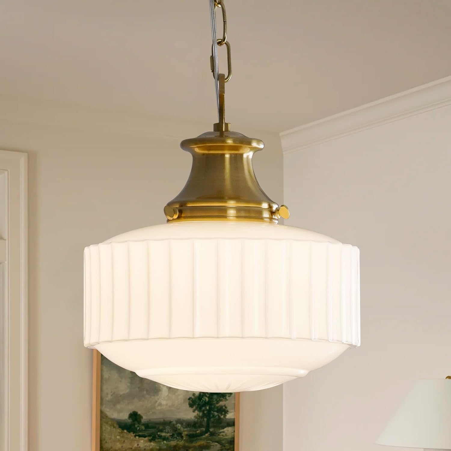 Vintage Brass Milk Glass Pendant Light Fixture, 13.8" White Pleated Glass Chandelier, Antique Pendant Lights, for Kitchen Island Lighting, Hallway, Bedroom, Dining Room, Foyer, E26 Bulb Included