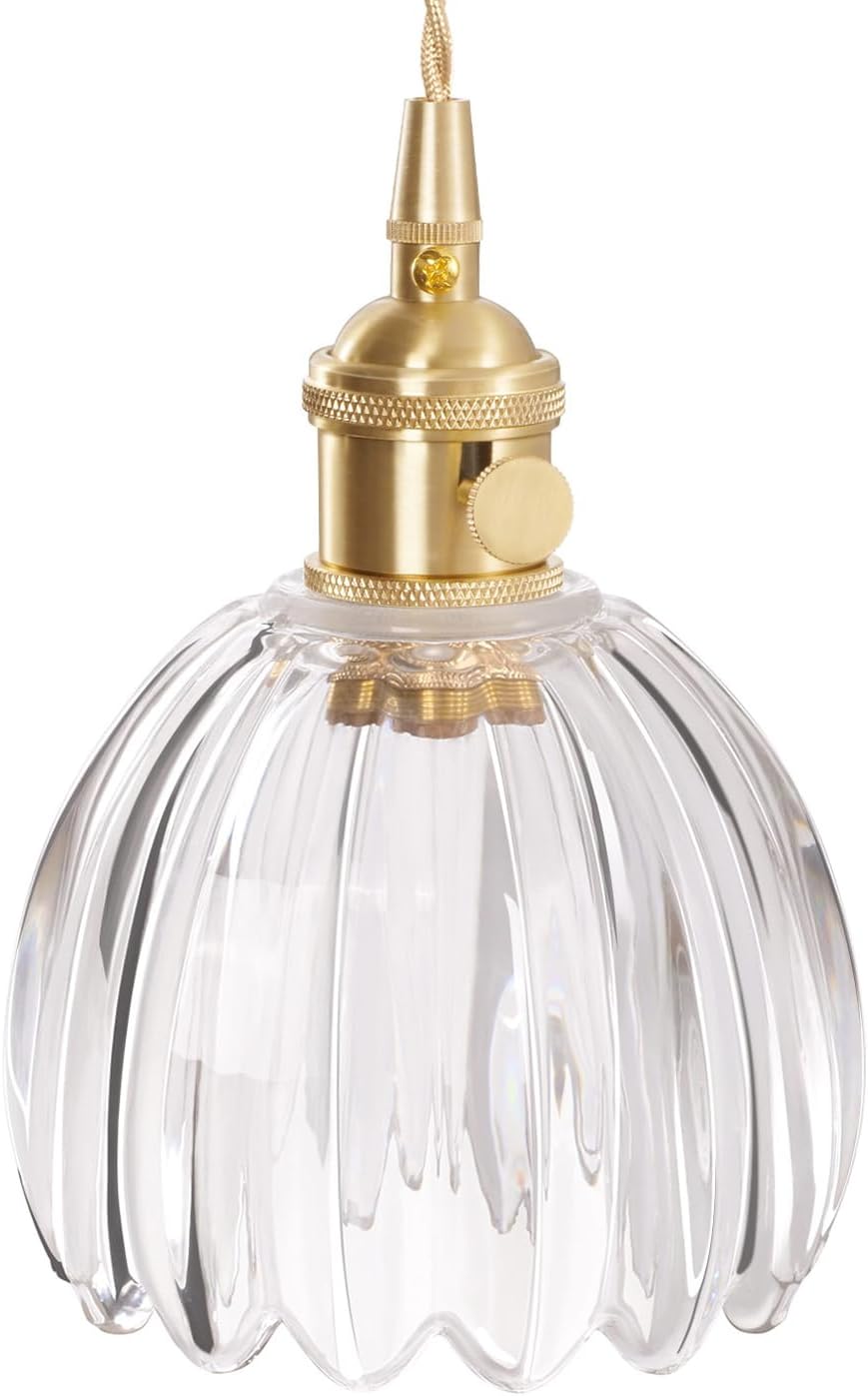 Shenmoyl Pendant Light 2 Pack with Clear Striped Glass Lmapshade, Brass Vintage Pendant Light Adjustable Hanging Light for Kitchen Island Dining Room Hallway