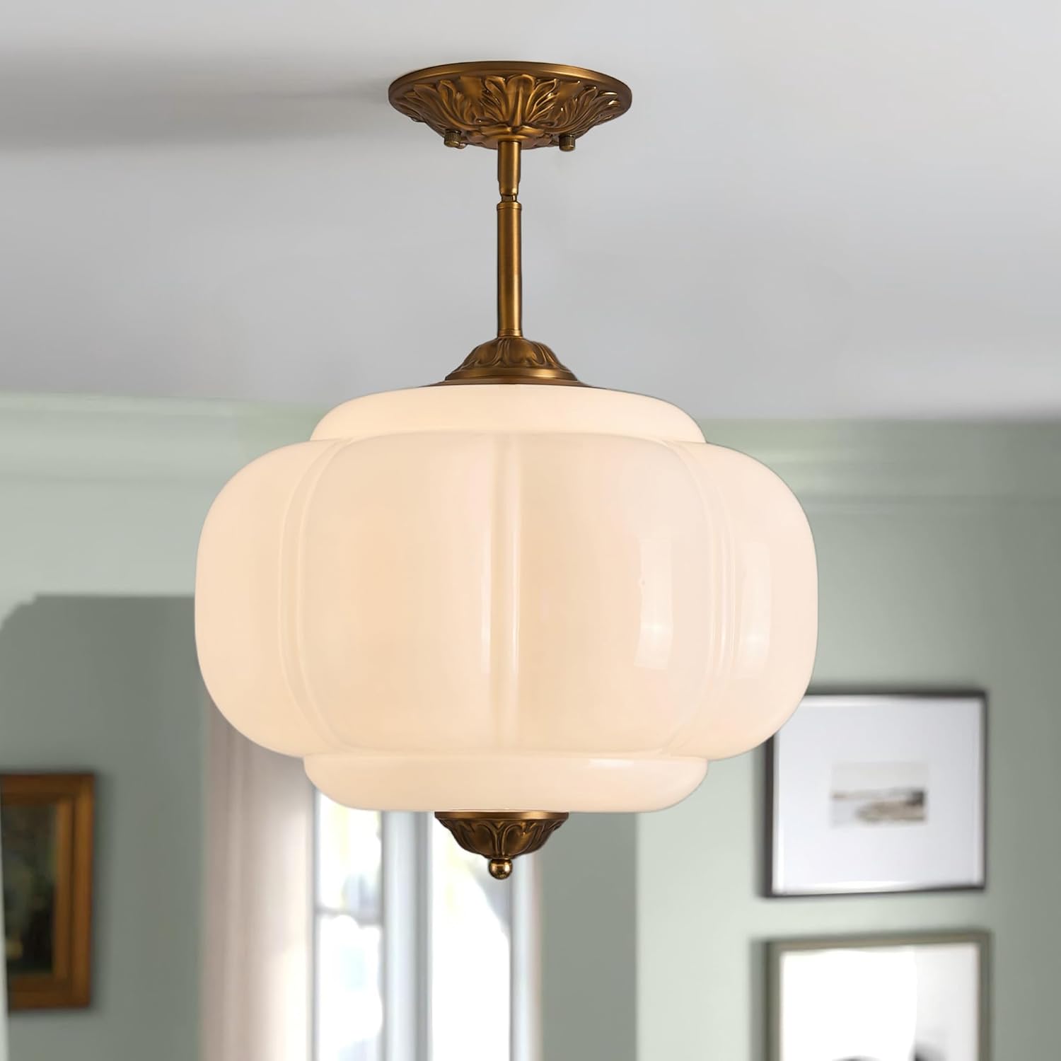 Glazart Luxa Milk Glass Ceiling Light Fixture, 15" Vintage Semi Flush Mount Pendant Light with Antique Brass Finish, Schoolhouse Light Fixture - Antique Chandelier for Kitchen, Hallway, Dining Room