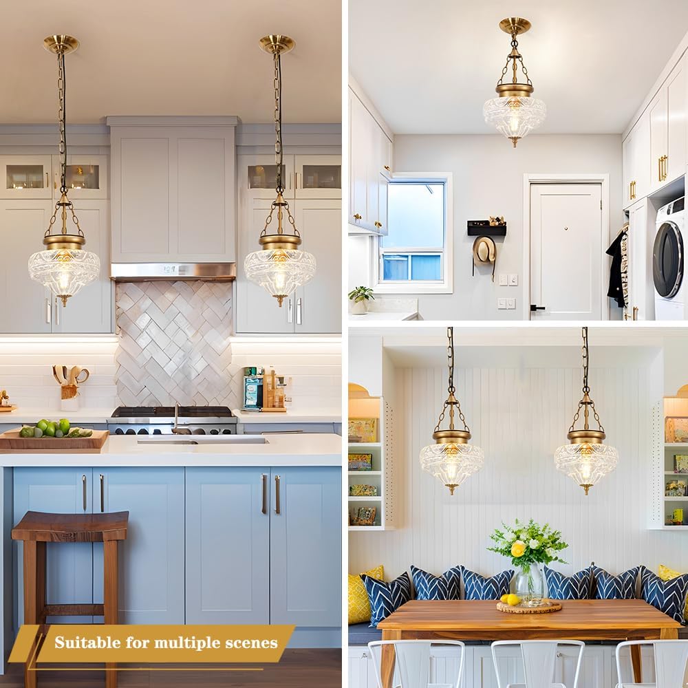 OIYIO Vintage Pendant Light - Bronze Gold Pendant Lights Kitchen Island with Floral Glass, Brass Penant Lighting Fixtures with Adjustable Hanging Chain for Kitchen, Dining Room, Entryway