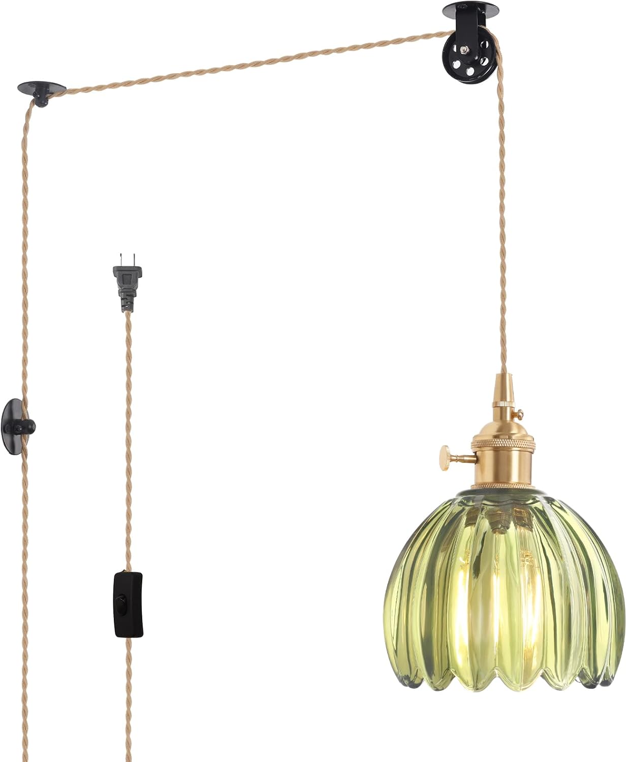 Shenmoyl Pendant Light 2 Pack with Clear Striped Glass Lmapshade, Brass Vintage Pendant Light Adjustable Hanging Light for Kitchen Island Dining Room Hallway