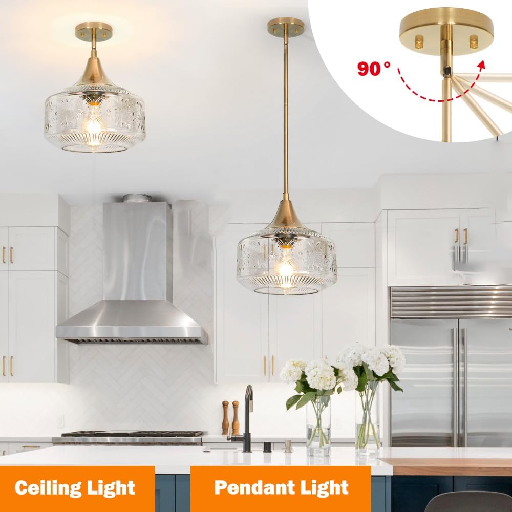 9'' Antique Gold Pendant Light with Clear Glass, Vintage Adjustable Pendant Lights Kitchen Island Brushed Pendant Lights Convertible Ceiling Mount Or Hanging Fixture for Hallway Bathroom,Brown Bronze