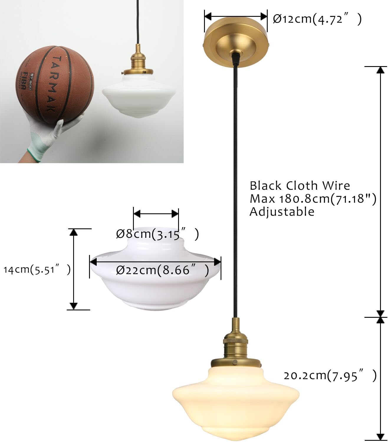 Pathson Modern Pendant Light with Milk White Glass, Vintage Ceiling Pendant Lighting Adjustable Textile Cord, Frosted Ceiling Fixture Lamp for Living Room Bedroom Kitchen Dining Room