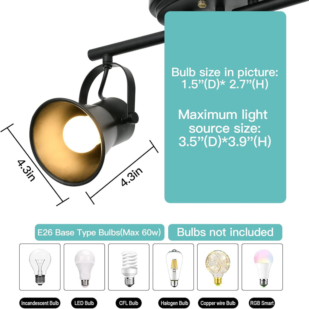 SEEBLEN 4-Light Track Lighting Kit, Directional Ceiling Light, Industrial Black Kitchen Track Lighting Fixtures Ceiling for Kitchen, Living Room, Dining Room, Hallway.
