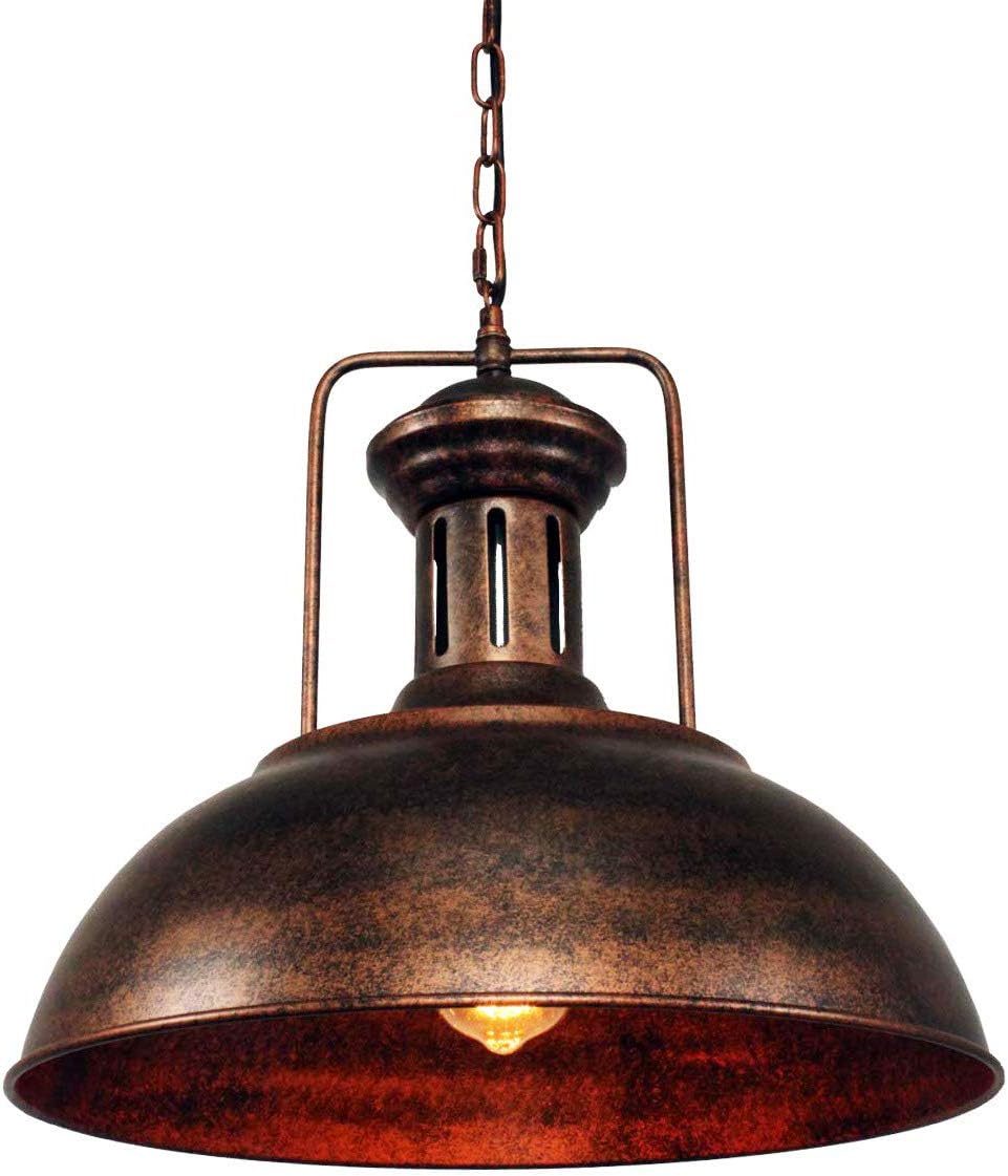 Vintage Antique Brass Dome Pendant Light, 12'' Pendant Lights Kitchen Island, Hanging Ceiling Light Striped Metal Shade