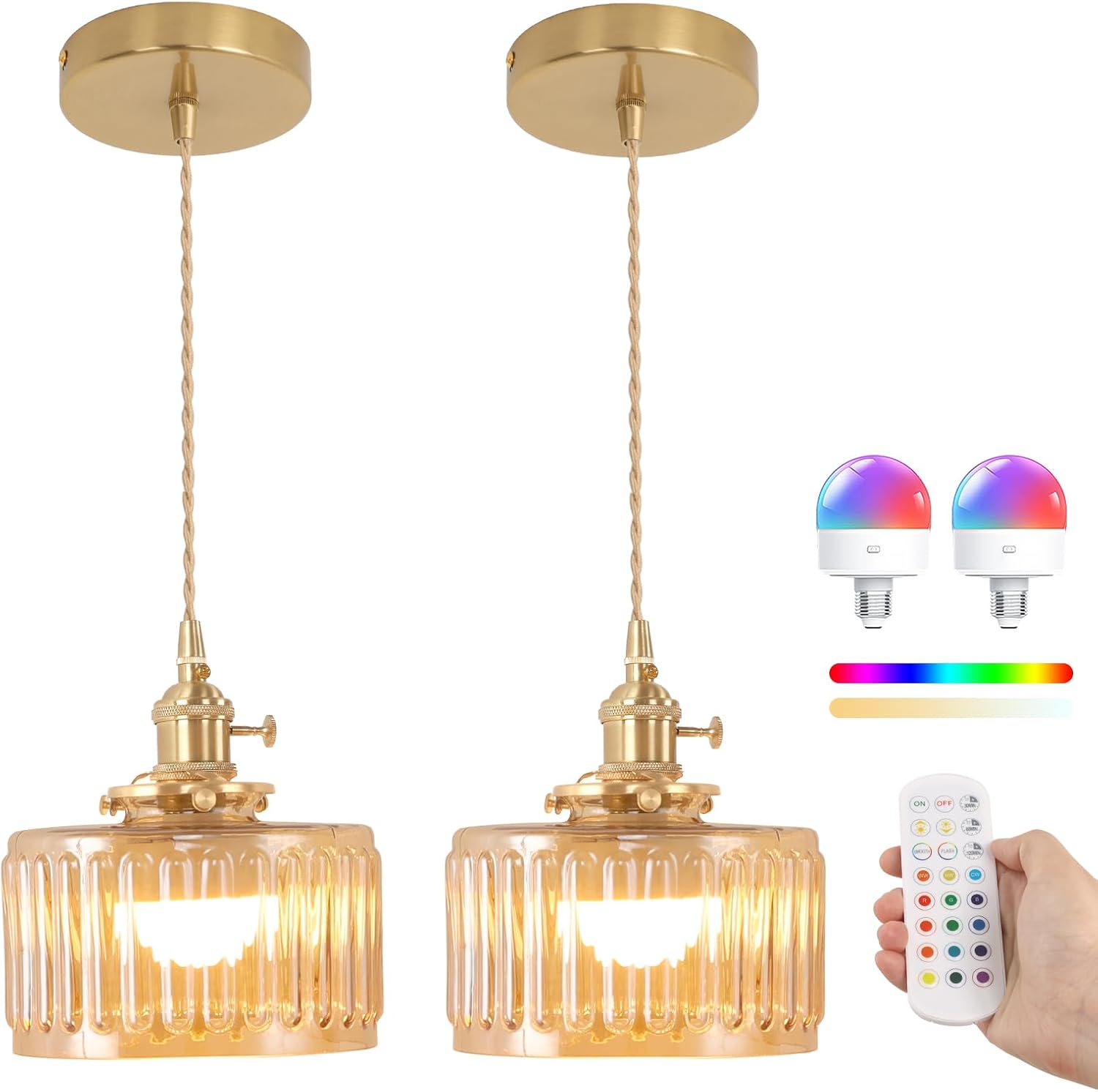 Shenmoyl Pendant Light 2 Pack with Clear Striped Glass Lmapshade, Brass Vintage Pendant Light Adjustable Hanging Light for Kitchen Island Dining Room Hallway