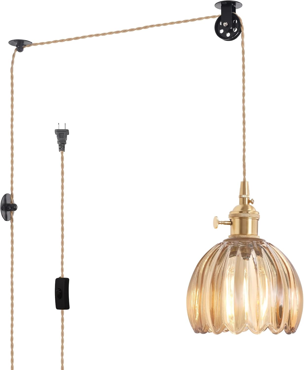 Shenmoyl Pendant Light 2 Pack with Clear Striped Glass Lmapshade, Brass Vintage Pendant Light Adjustable Hanging Light for Kitchen Island Dining Room Hallway