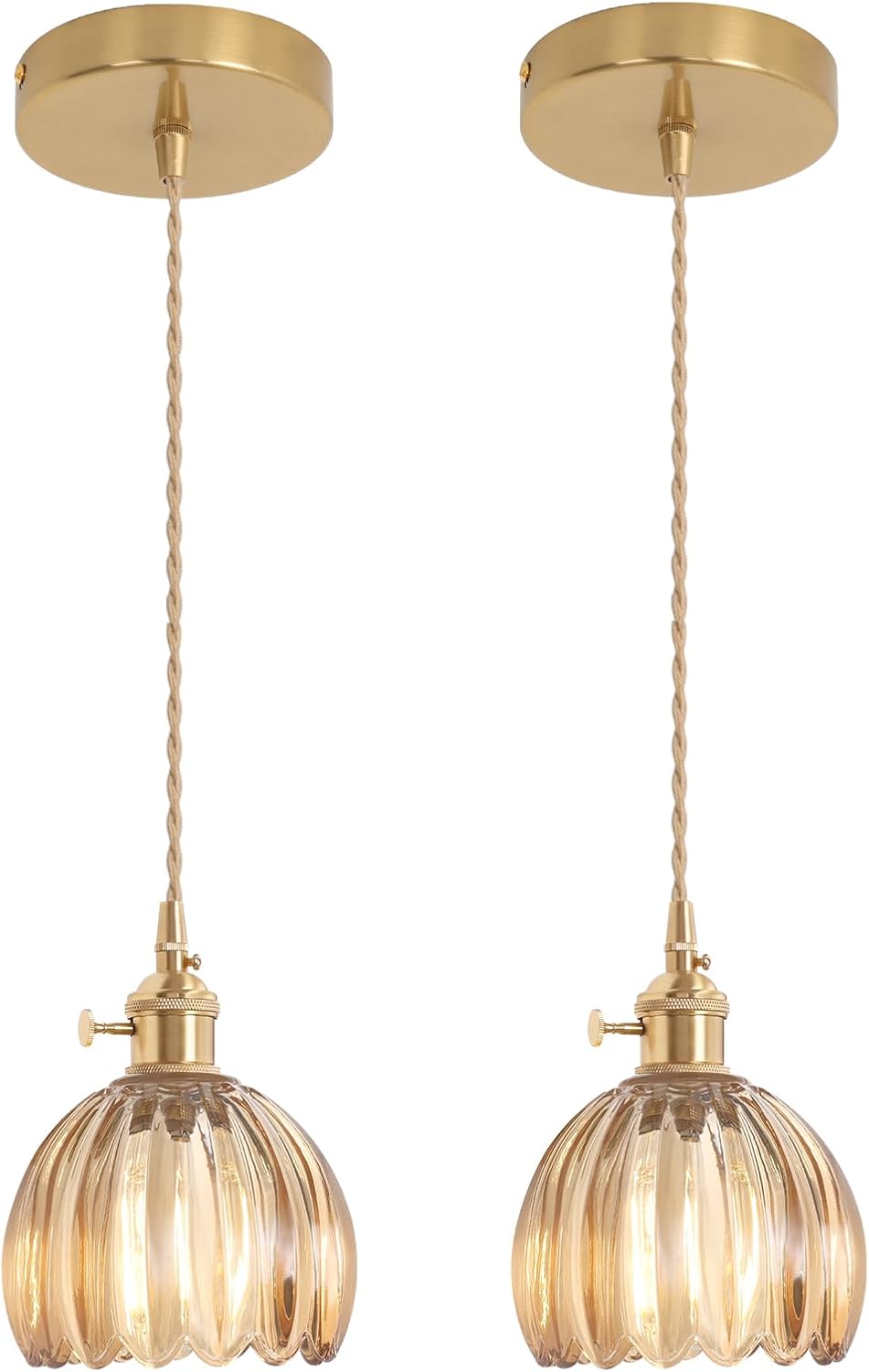 Shenmoyl Pendant Light 2 Pack with Clear Striped Glass Lmapshade, Brass Vintage Pendant Light Adjustable Hanging Light for Kitchen Island Dining Room Hallway