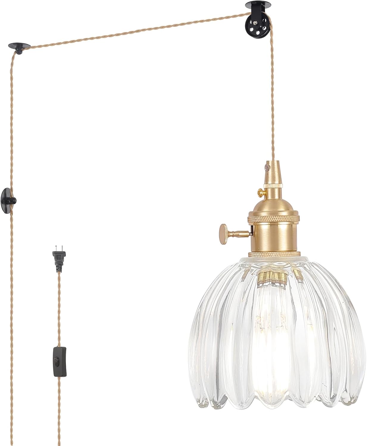 Shenmoyl Pendant Light 2 Pack with Clear Striped Glass Lmapshade, Brass Vintage Pendant Light Adjustable Hanging Light for Kitchen Island Dining Room Hallway