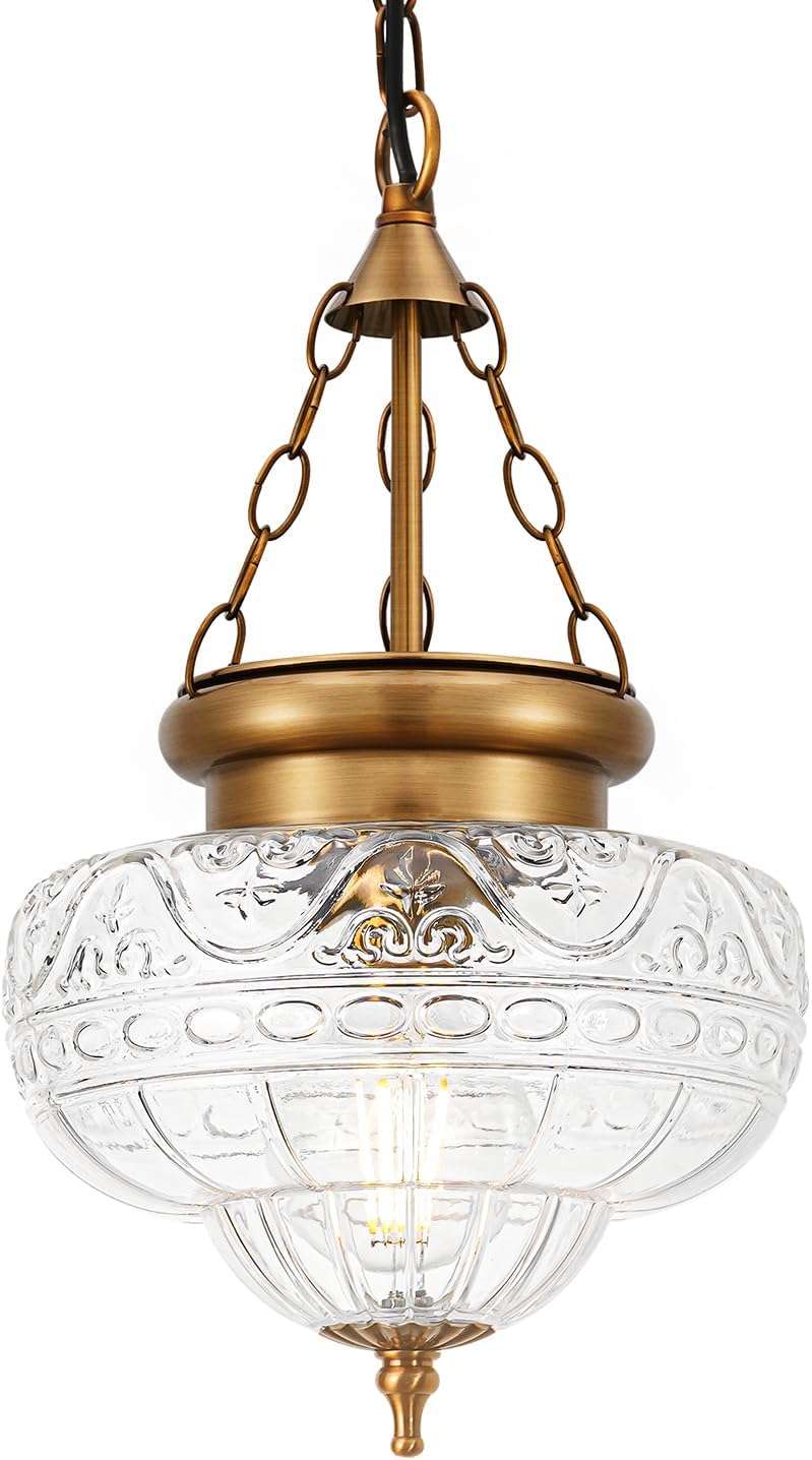 OIYIO Vintage Pendant Light - Bronze Gold Pendant Lights Kitchen Island with Floral Glass, Brass Penant Lighting Fixtures with Adjustable Hanging Chain for Kitchen, Dining Room, Entryway