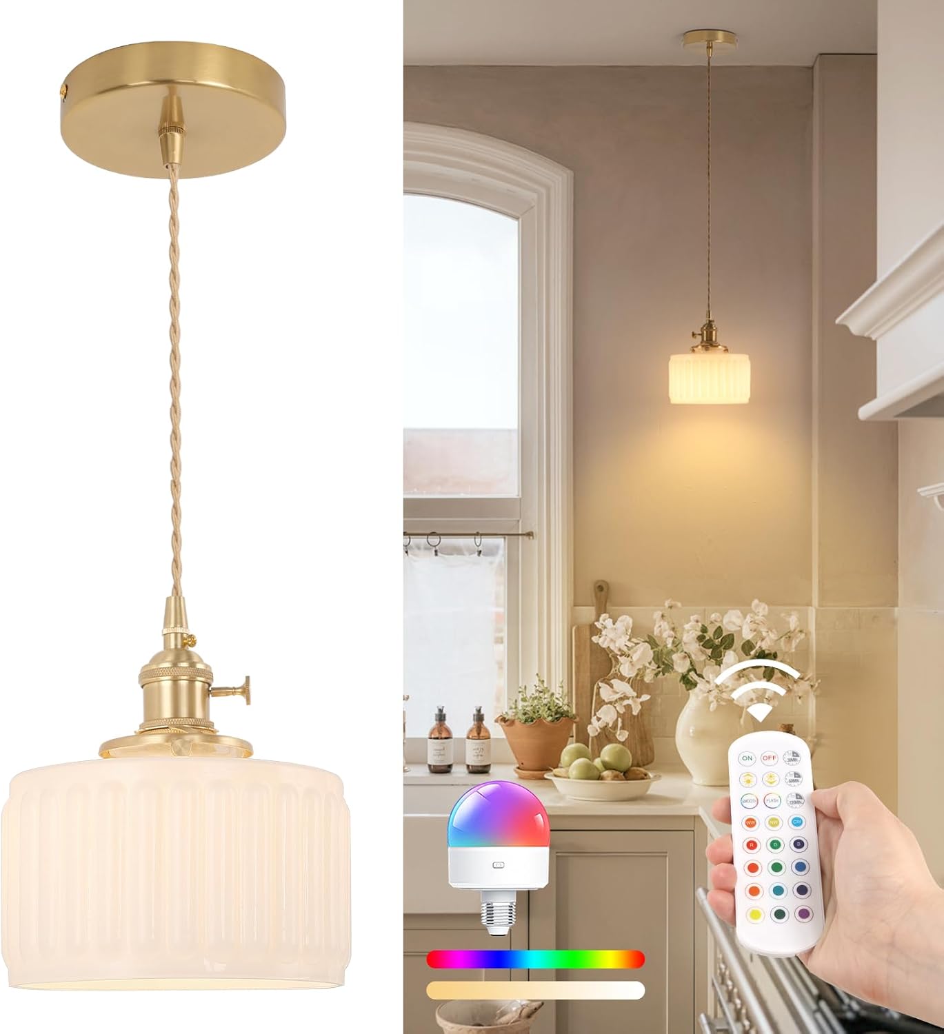 Shenmoyl Pendant Light 2 Pack with Clear Striped Glass Lmapshade, Brass Vintage Pendant Light Adjustable Hanging Light for Kitchen Island Dining Room Hallway