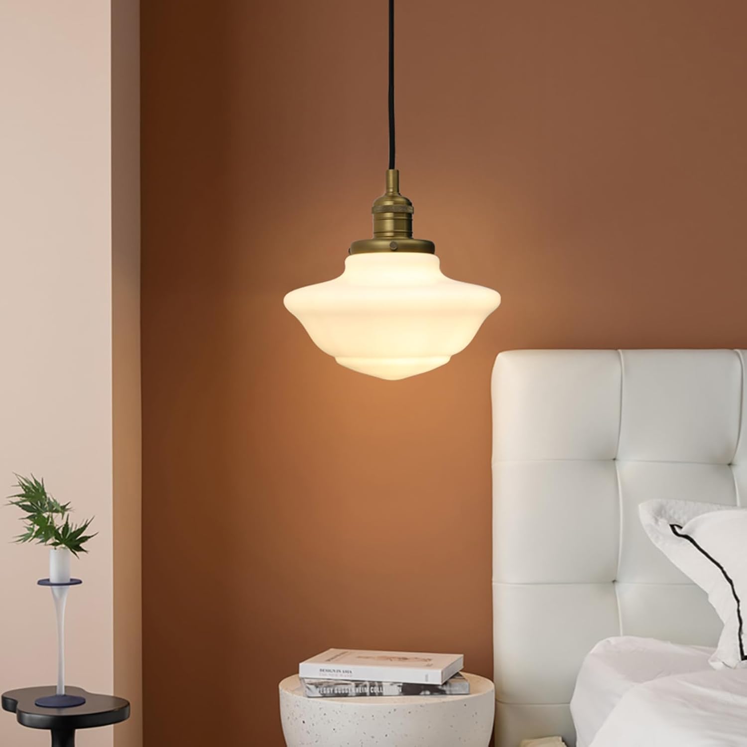 Pathson Modern Pendant Light with Milk White Glass, Vintage Ceiling Pendant Lighting Adjustable Textile Cord, Frosted Ceiling Fixture Lamp for Living Room Bedroom Kitchen Dining Room