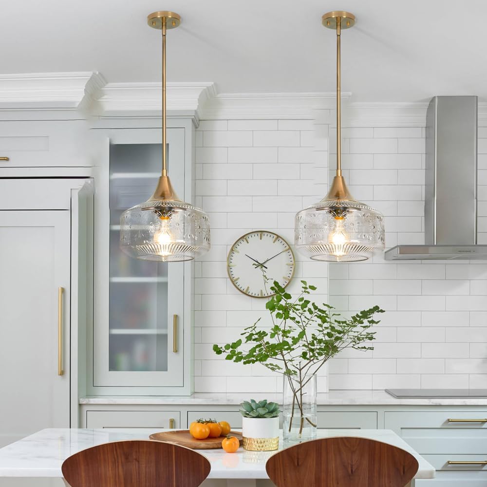 9'' Antique Gold Pendant Light with Clear Glass, Vintage Adjustable Pendant Lights Kitchen Island Brushed Pendant Lights Convertible Ceiling Mount Or Hanging Fixture for Hallway Bathroom,Brown Bronze