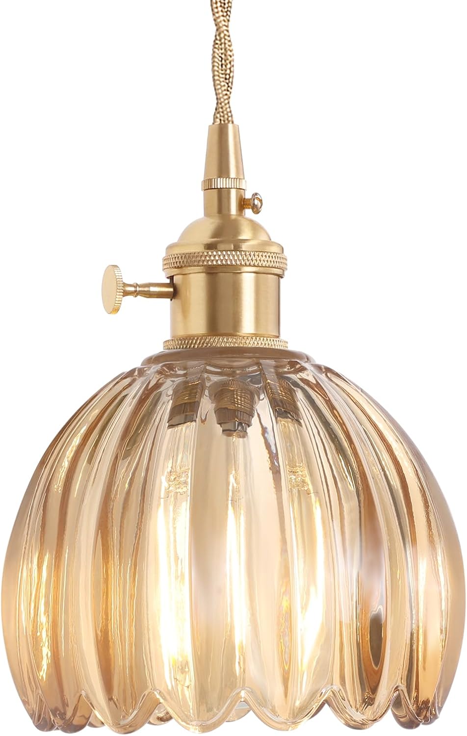 Shenmoyl Pendant Light 2 Pack with Clear Striped Glass Lmapshade, Brass Vintage Pendant Light Adjustable Hanging Light for Kitchen Island Dining Room Hallway