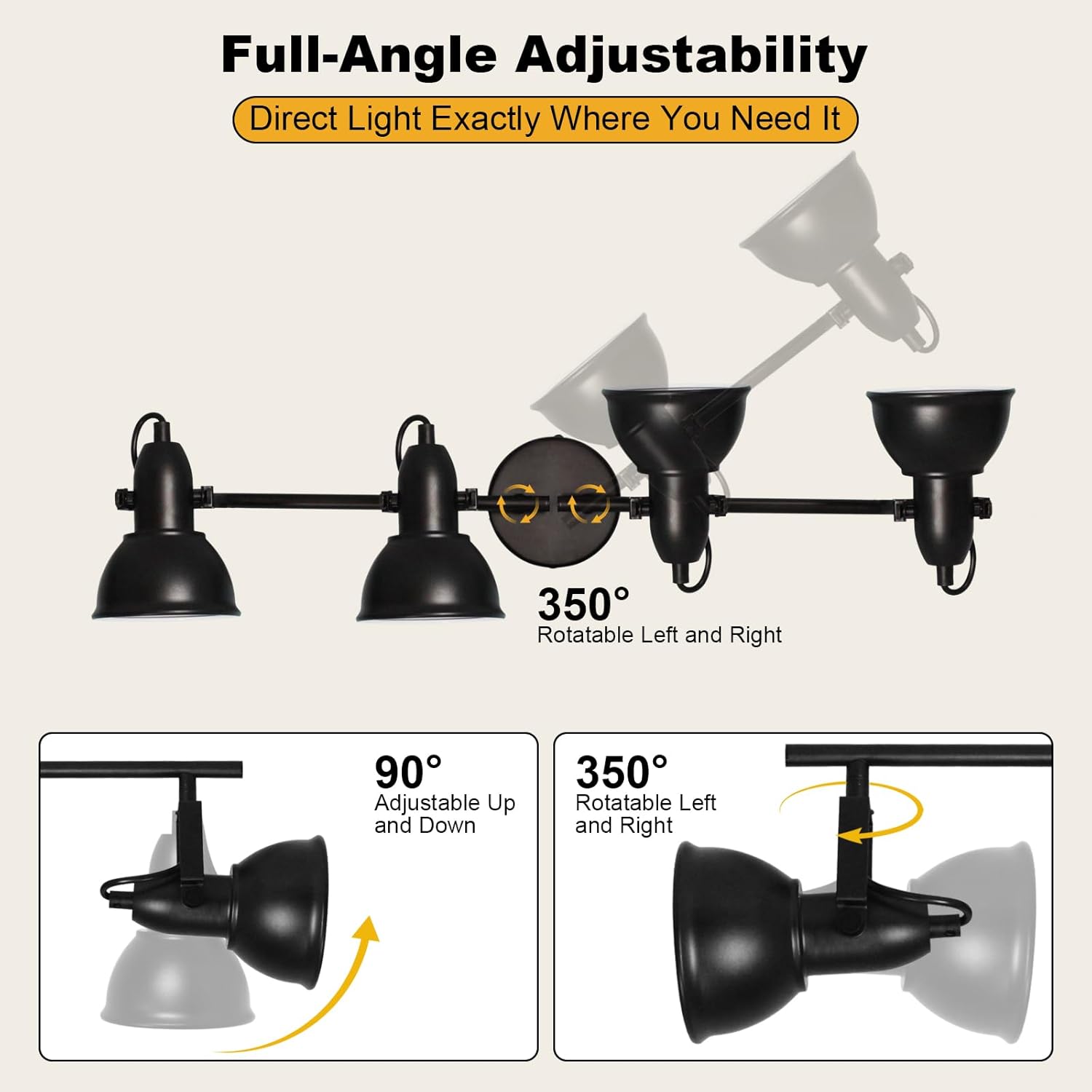 HiBay Track Lighting Fixtures Ceiling, Adjustable 4-Light Ceiling Spot Light, Industrial LED Track Lights Black Spotlight Indoor for Kitchen, Dining Room, Bedroom, E26 Base (Bulb Not Included)