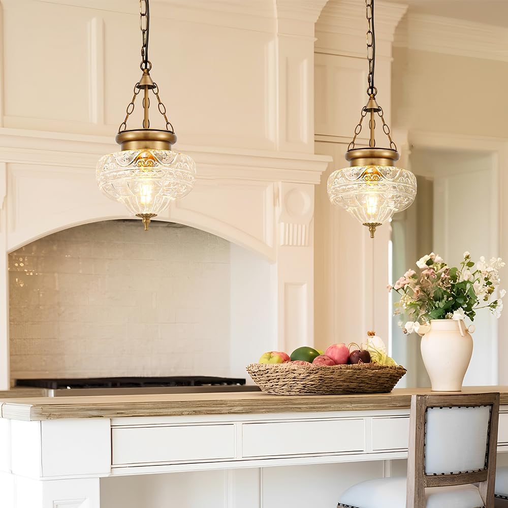 OIYIO Vintage Pendant Light - Bronze Gold Pendant Lights Kitchen Island with Floral Glass, Brass Penant Lighting Fixtures with Adjustable Hanging Chain for Kitchen, Dining Room, Entryway