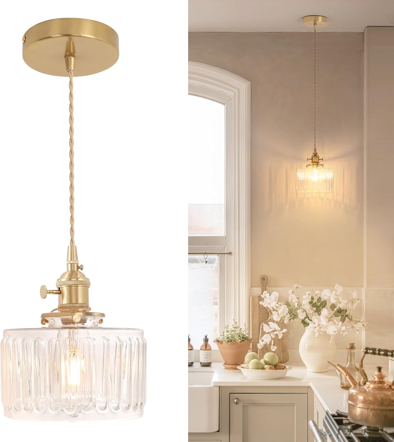 Shenmoyl Pendant Light 2 Pack with Clear Striped Glass Lmapshade, Brass Vintage Pendant Light Adjustable Hanging Light for Kitchen Island Dining Room Hallway