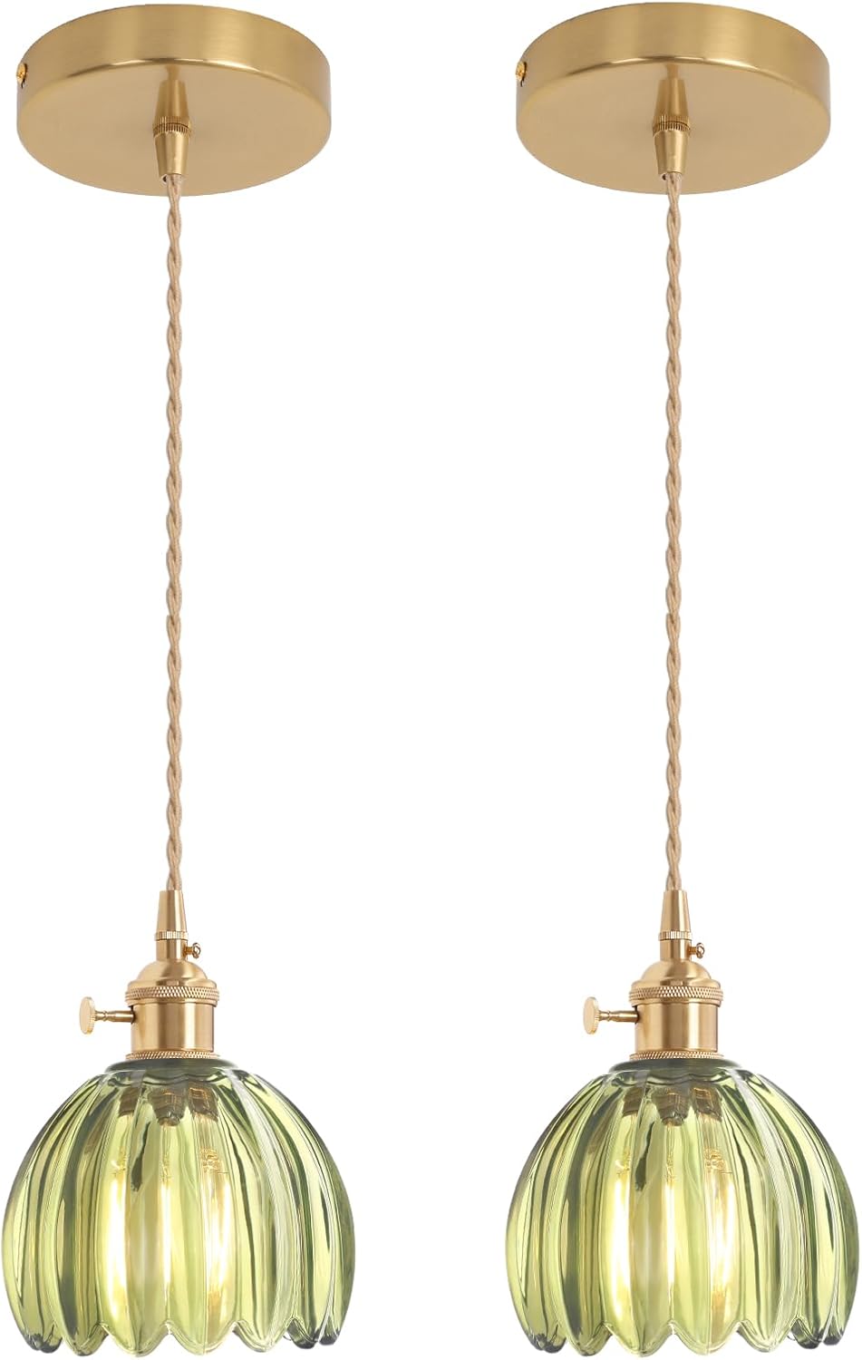 Shenmoyl Pendant Light 2 Pack with Clear Striped Glass Lmapshade, Brass Vintage Pendant Light Adjustable Hanging Light for Kitchen Island Dining Room Hallway