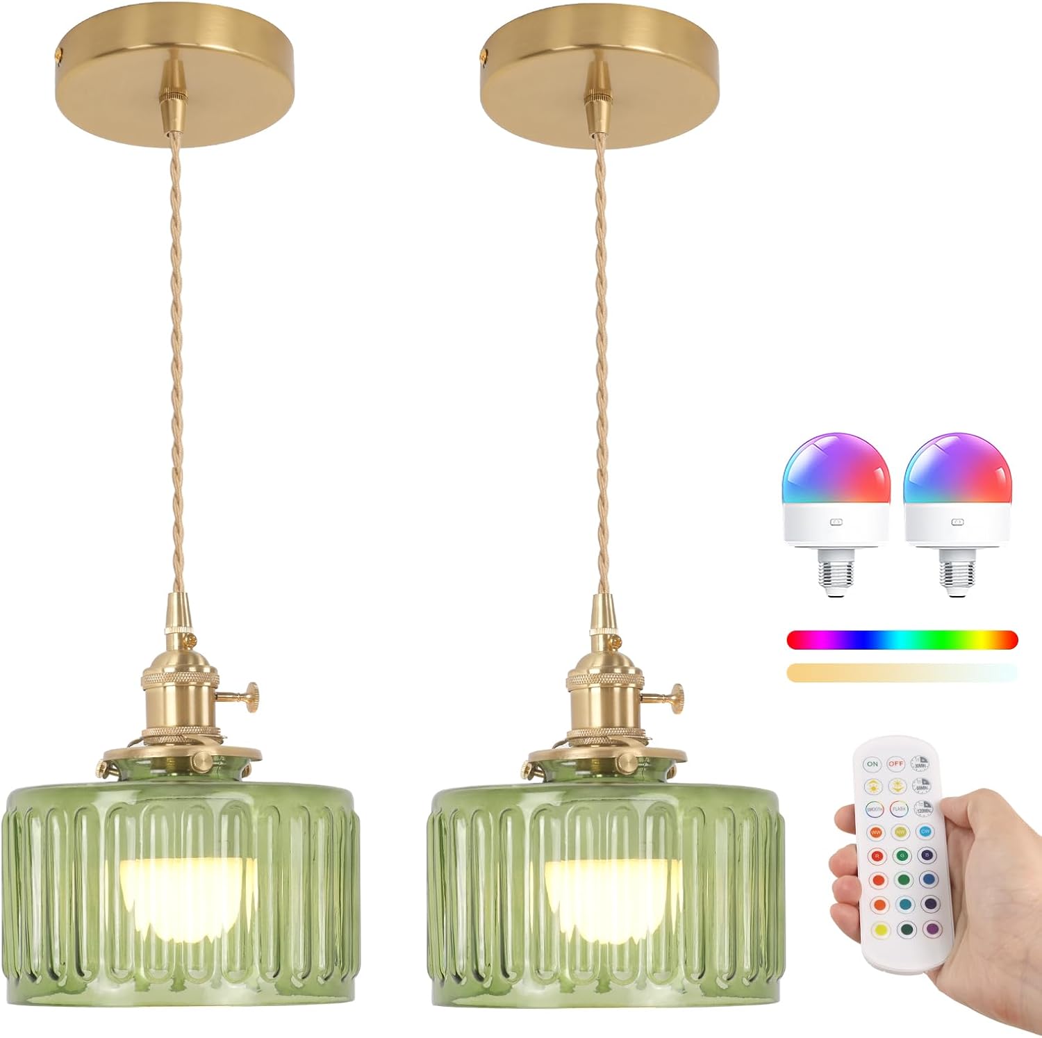 Shenmoyl Pendant Light 2 Pack with Clear Striped Glass Lmapshade, Brass Vintage Pendant Light Adjustable Hanging Light for Kitchen Island Dining Room Hallway