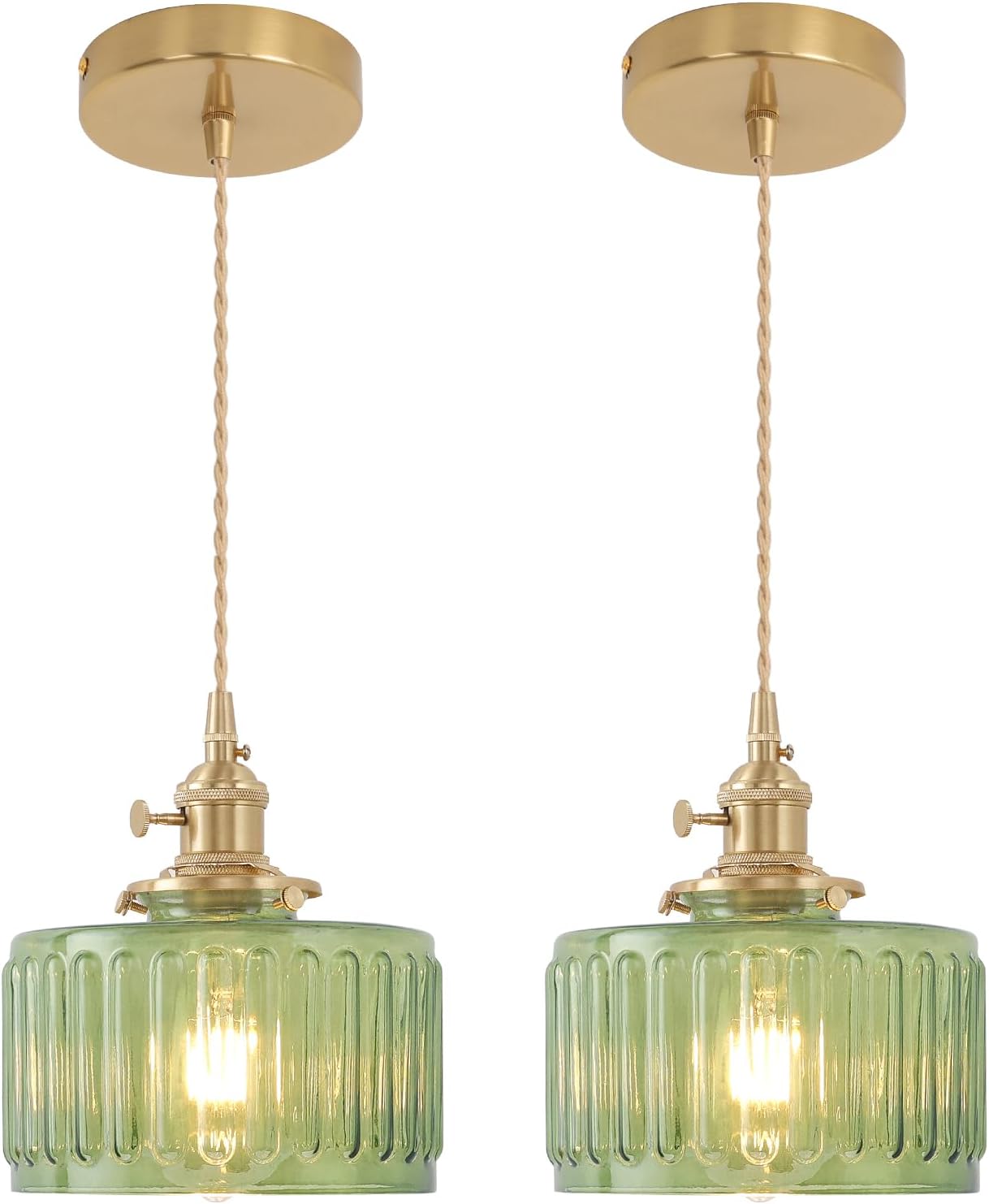 Shenmoyl Pendant Light 2 Pack with Clear Striped Glass Lmapshade, Brass Vintage Pendant Light Adjustable Hanging Light for Kitchen Island Dining Room Hallway