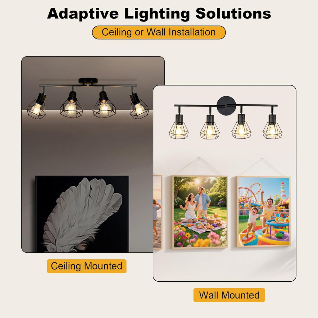 HiBay 4-Light Track Lighting Farmhouse, Directional Ceiling Track Light Fixtures Black, Industrial Flush Mount Spotlight for Kitchen, Dining Room, Bedroom, E26 Base (Bulbs Not Included)