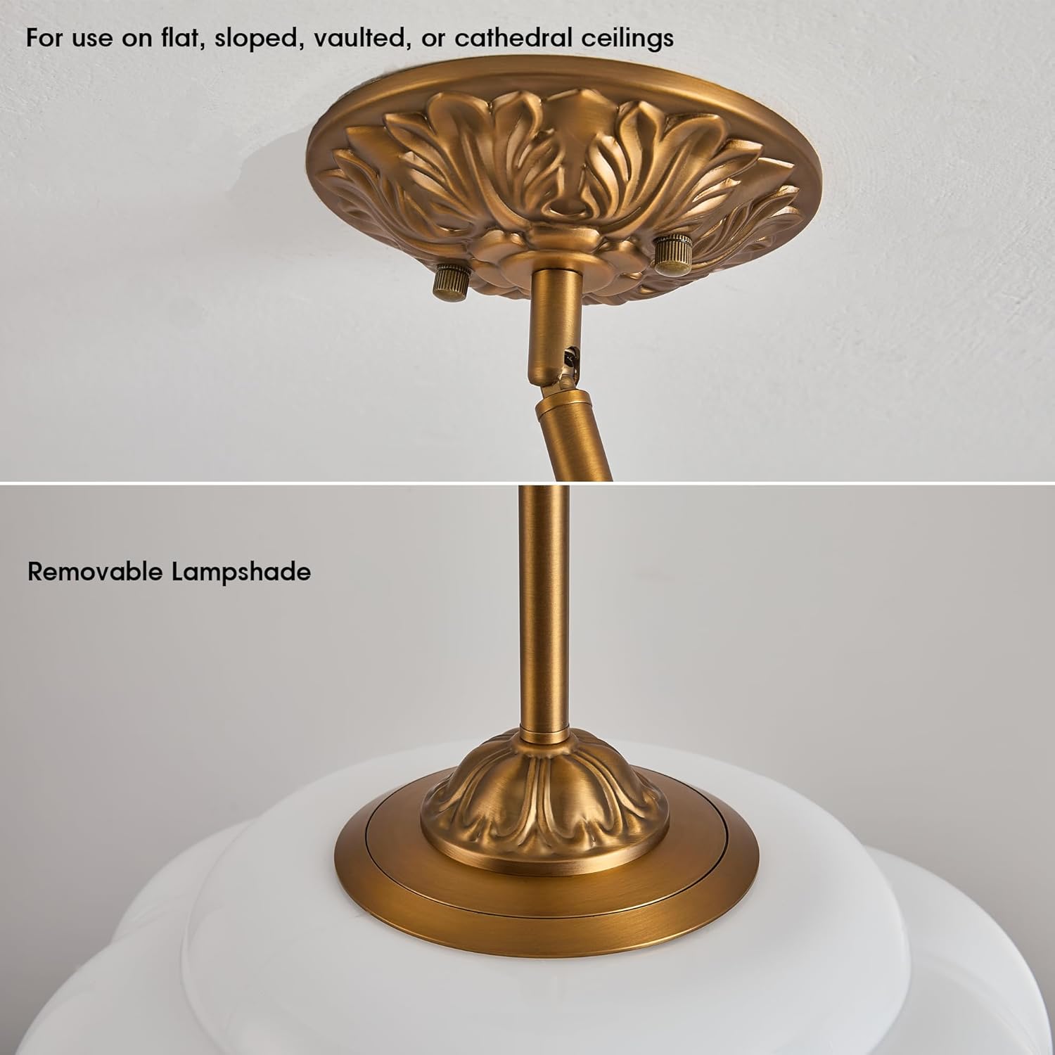 Glazart Luxa Milk Glass Ceiling Light Fixture, 15" Vintage Semi Flush Mount Pendant Light with Antique Brass Finish, Schoolhouse Light Fixture - Antique Chandelier for Kitchen, Hallway, Dining Room