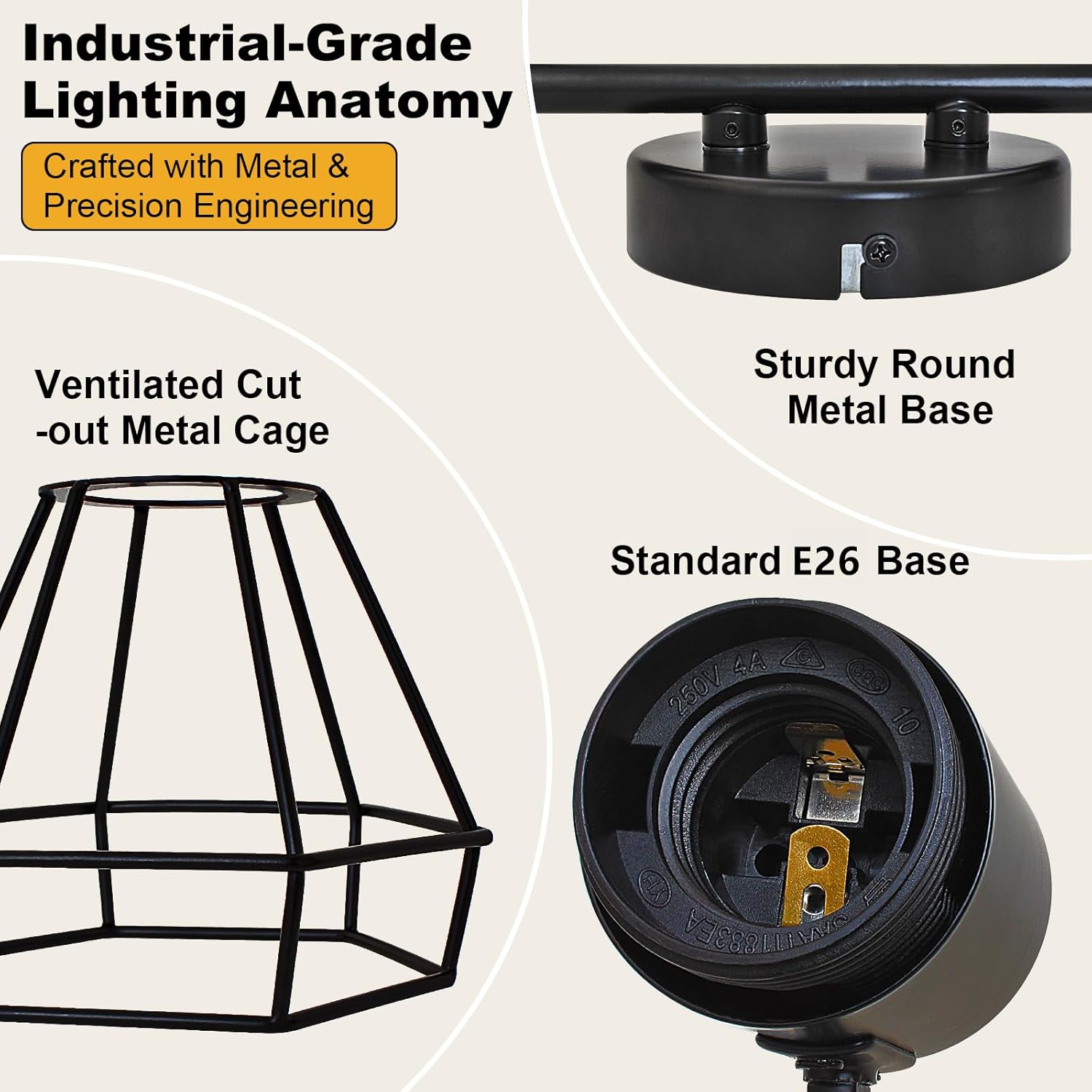 HiBay 4-Light Track Lighting Farmhouse, Directional Ceiling Track Light Fixtures Black, Industrial Flush Mount Spotlight for Kitchen, Dining Room, Bedroom, E26 Base (Bulbs Not Included)