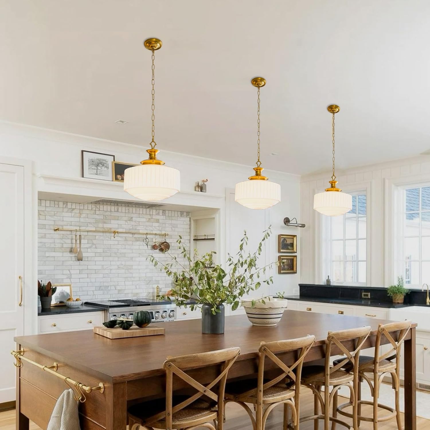 Vintage Brass Milk Glass Pendant Light Fixture, 13.8" White Pleated Glass Chandelier, Antique Pendant Lights, for Kitchen Island Lighting, Hallway, Bedroom, Dining Room, Foyer, E26 Bulb Included