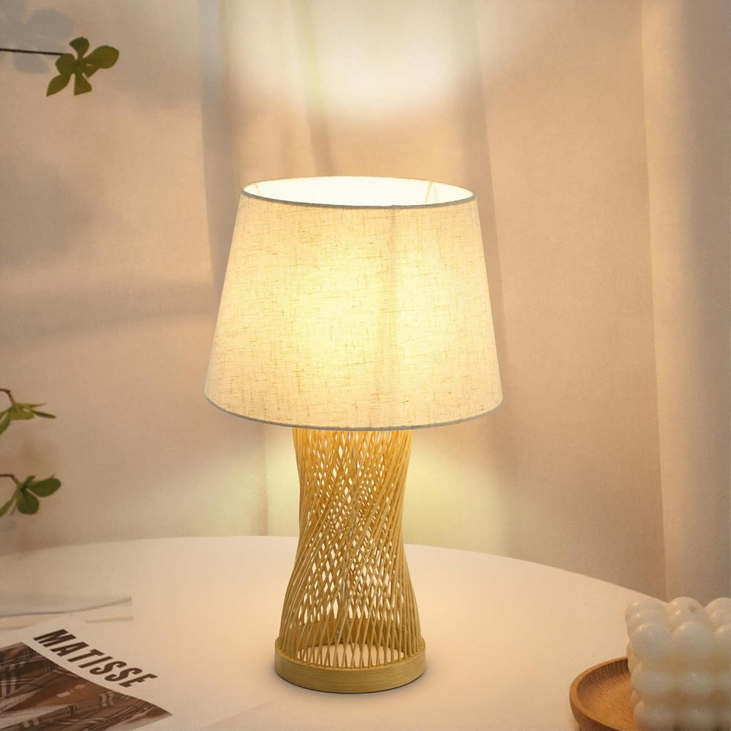 Booniture Handwoven Bamboo Table Lamp,Boho Style Bedside Lamp with Linen Shade,Natural Bamboo Weave Desk Lamp for Bedroom Living Room Tea Room,Beige