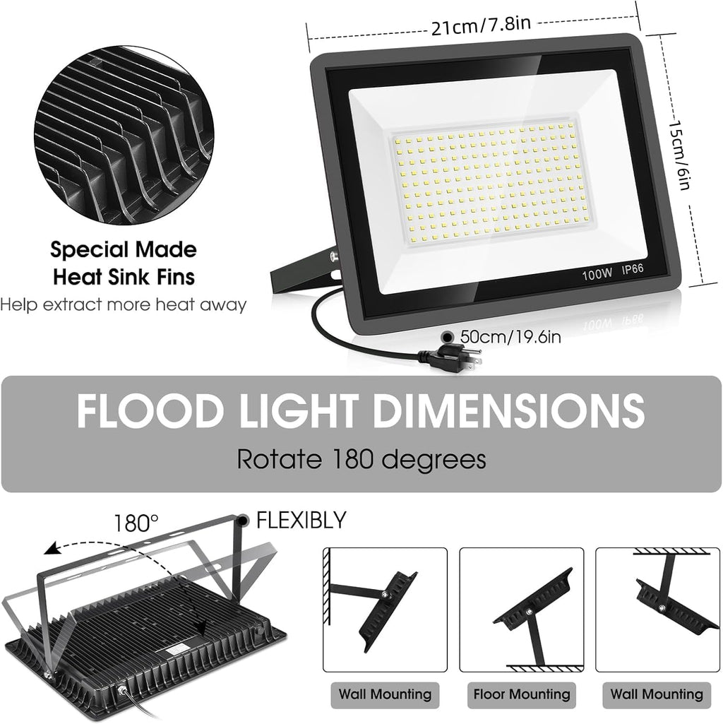 YANYCN 4 Pack 100W LED Flood Light,Super Bright Exterior Security Lights With Plug,IP66 Waterproof Outdoor Flood Light, 11600lm 5000K Daylight White Floodlight for Yard, Garden,Basketball Court, Arena