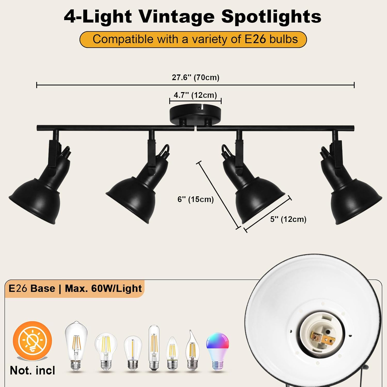 HiBay Track Lighting Fixtures Ceiling, Adjustable 4-Light Ceiling Spot Light, Industrial LED Track Lights Black Spotlight Indoor for Kitchen, Dining Room, Bedroom, E26 Base (Bulb Not Included)