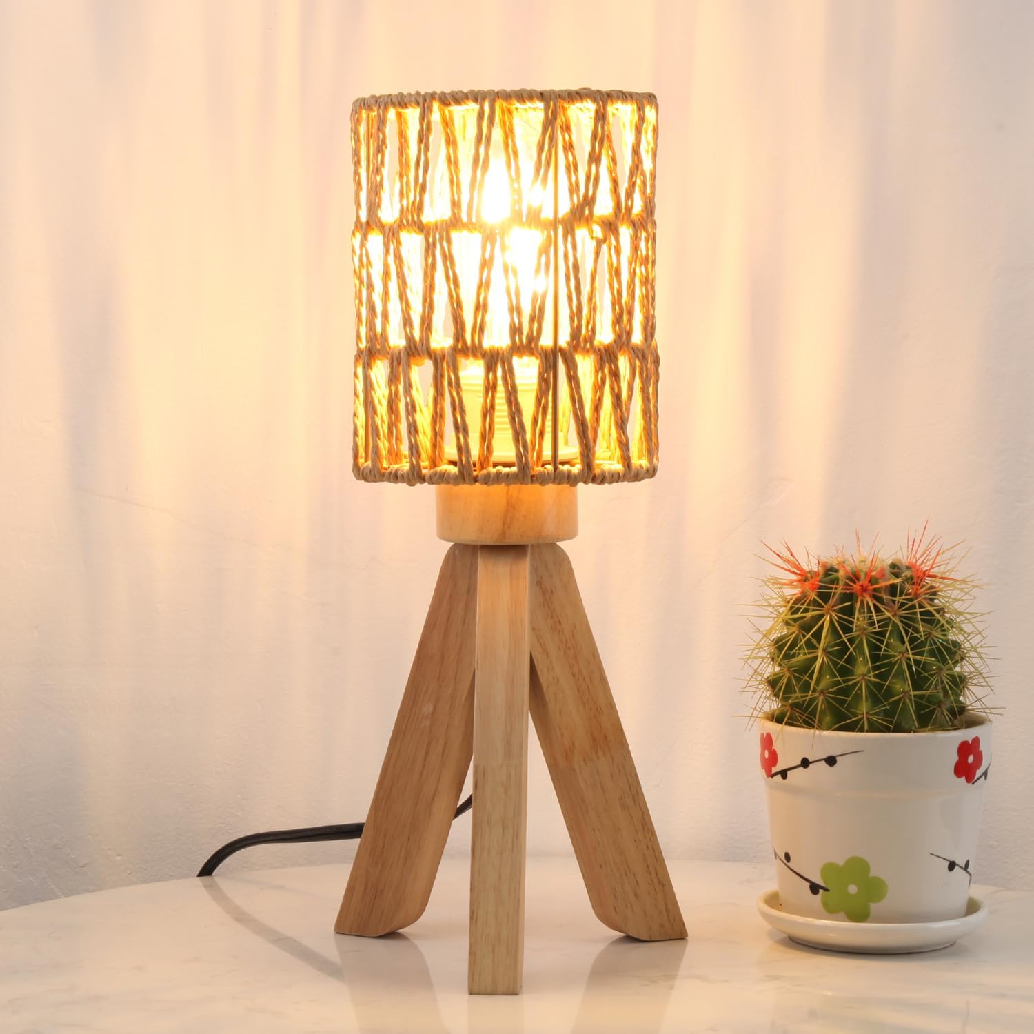 Boho Table Lamp Dimmable Small Rattan Nightstand Lamps For End Table Side, Vintage Wicker Wooden Bamboo Woven Desk bedside Lamps for Bedroom Living Room Kids Room, 2700K T45 LED Bulb Included