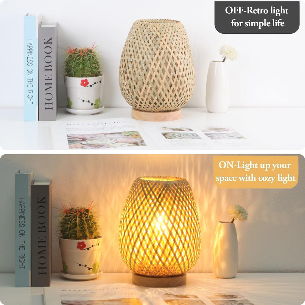 Boho Table Lamp Dimmable Small Rattan Nightstand Lamps For End Table Side, Vintage Wicker Wooden Bamboo Woven Desk bedside Lamps for Bedroom Living Room Kids Room, 2700K T45 LED Bulb Included