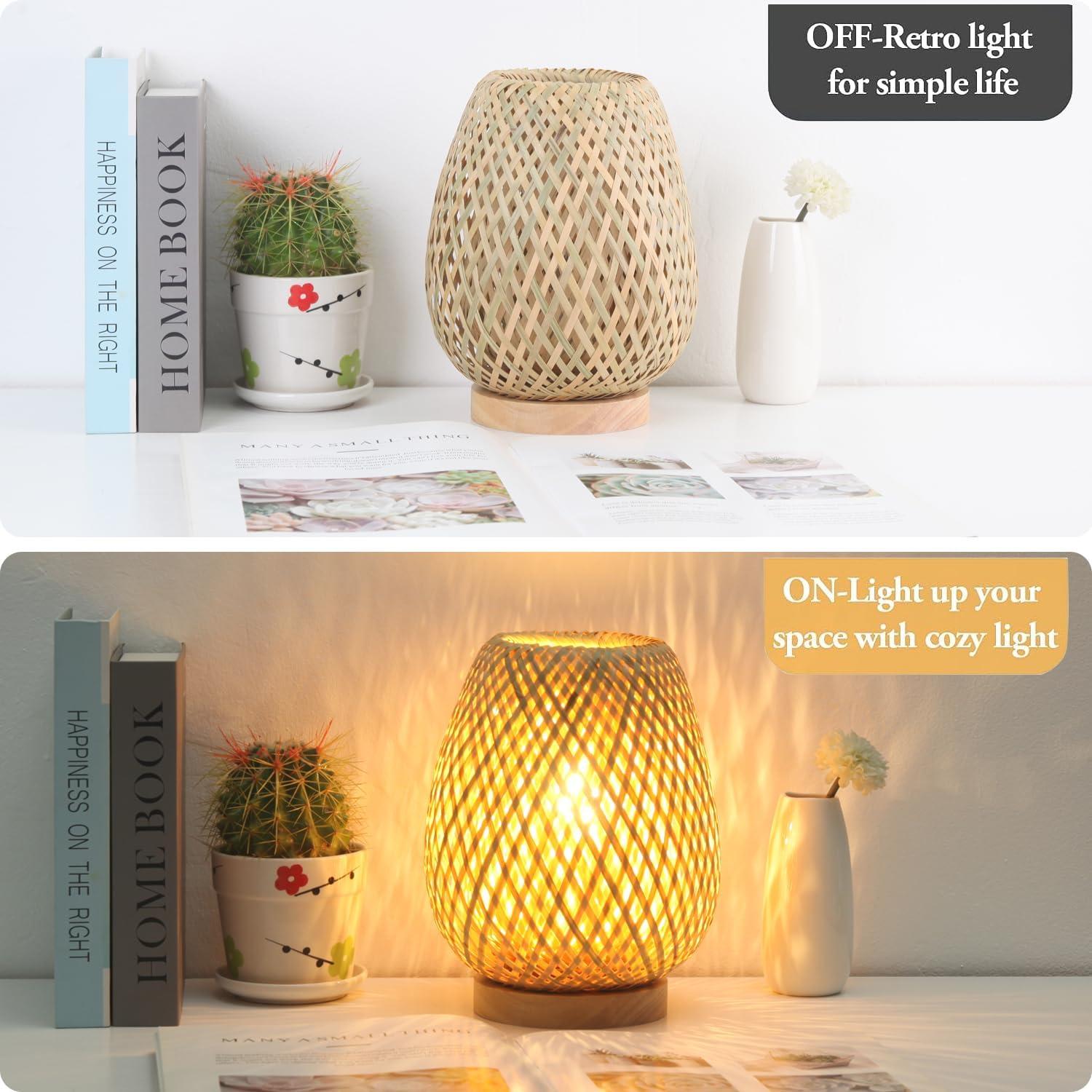 Boho Table Lamp Dimmable Small Rattan Nightstand Lamps For End Table Side, Vintage Wicker Wooden Bamboo Woven Desk bedside Lamps for Bedroom Living Room Kids Room, 2700K T45 LED Bulb Included